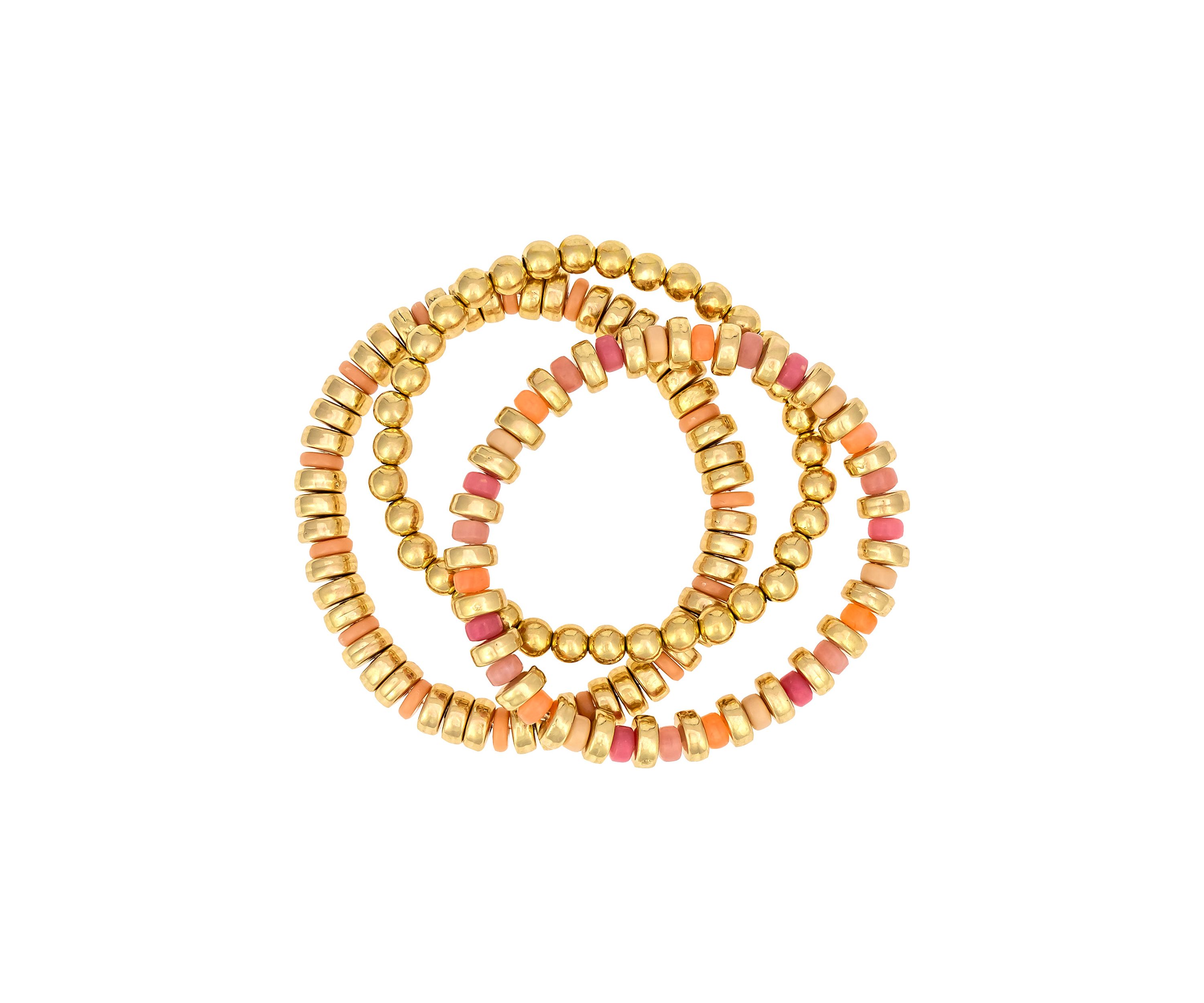Gold-Tone 3 Row Multi Coral and Gold Beaded Stretch Bracelet Set