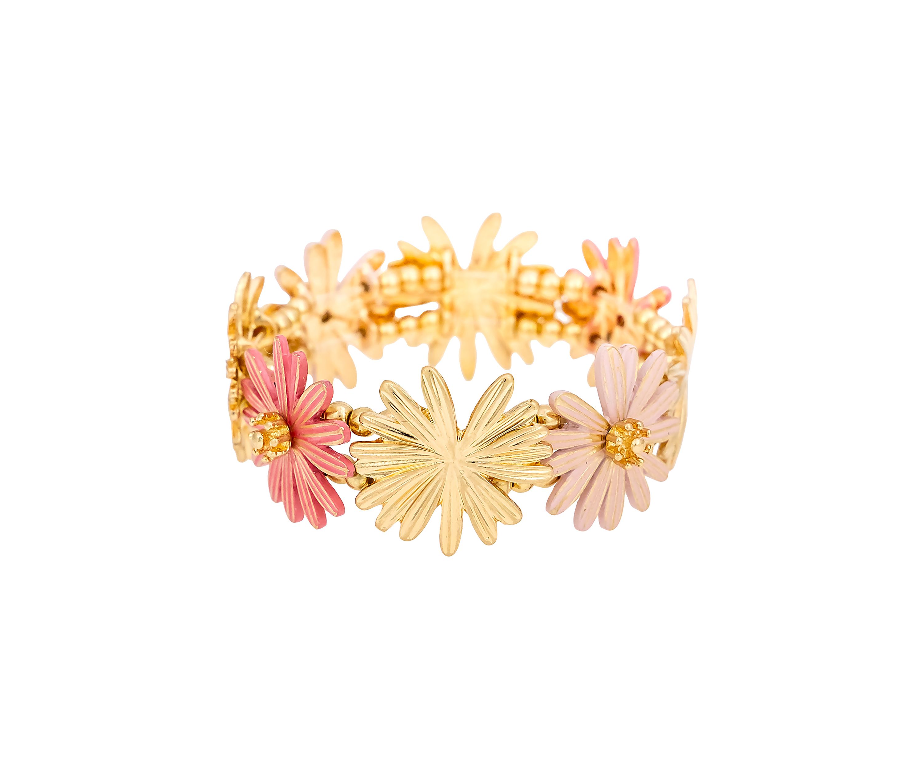 Gold Tone Multi Coral Colored Flower Stretch Bracelet