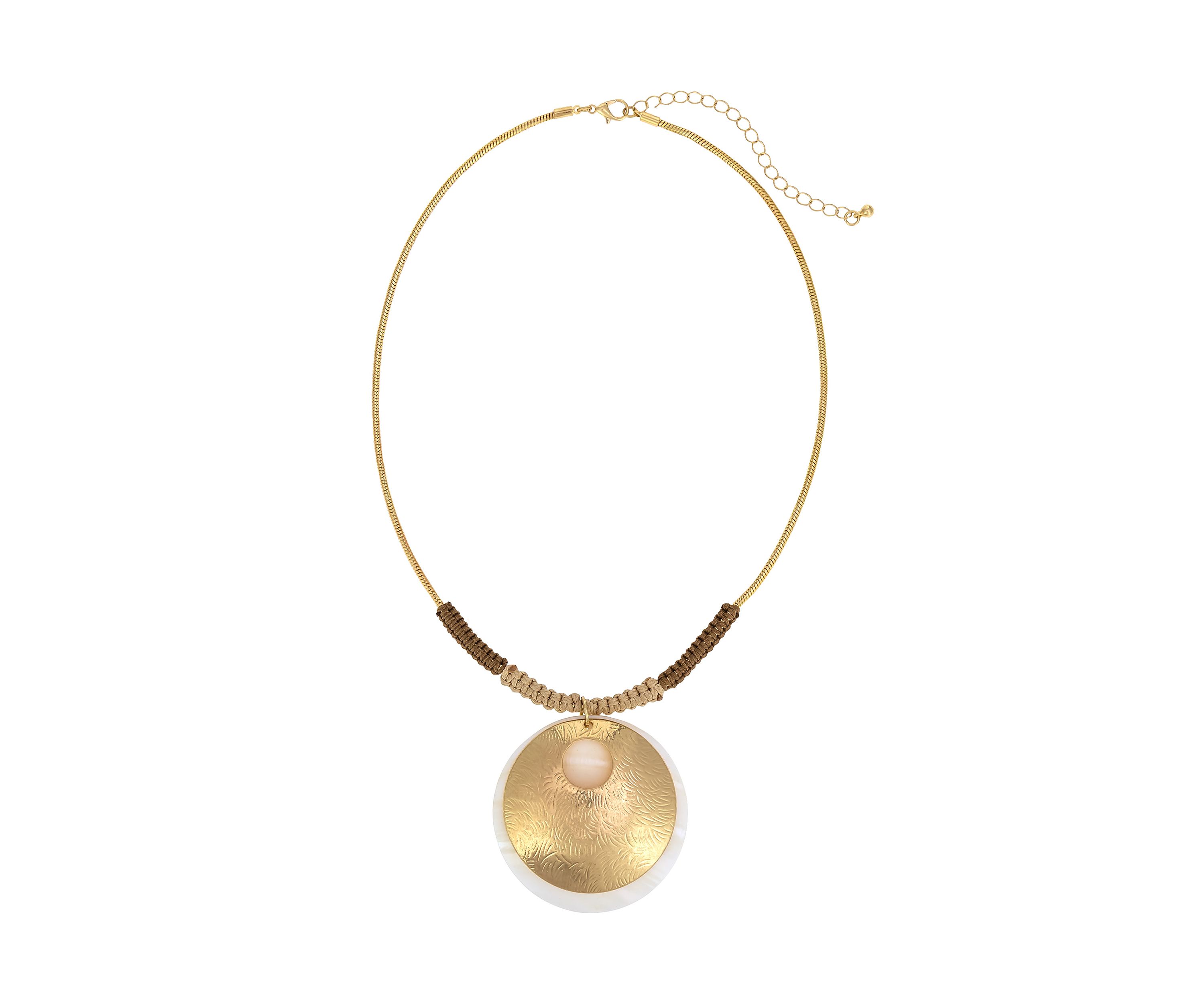 Gold Tone Short Neutral Beaded Open Round Disc Pendant Necklace