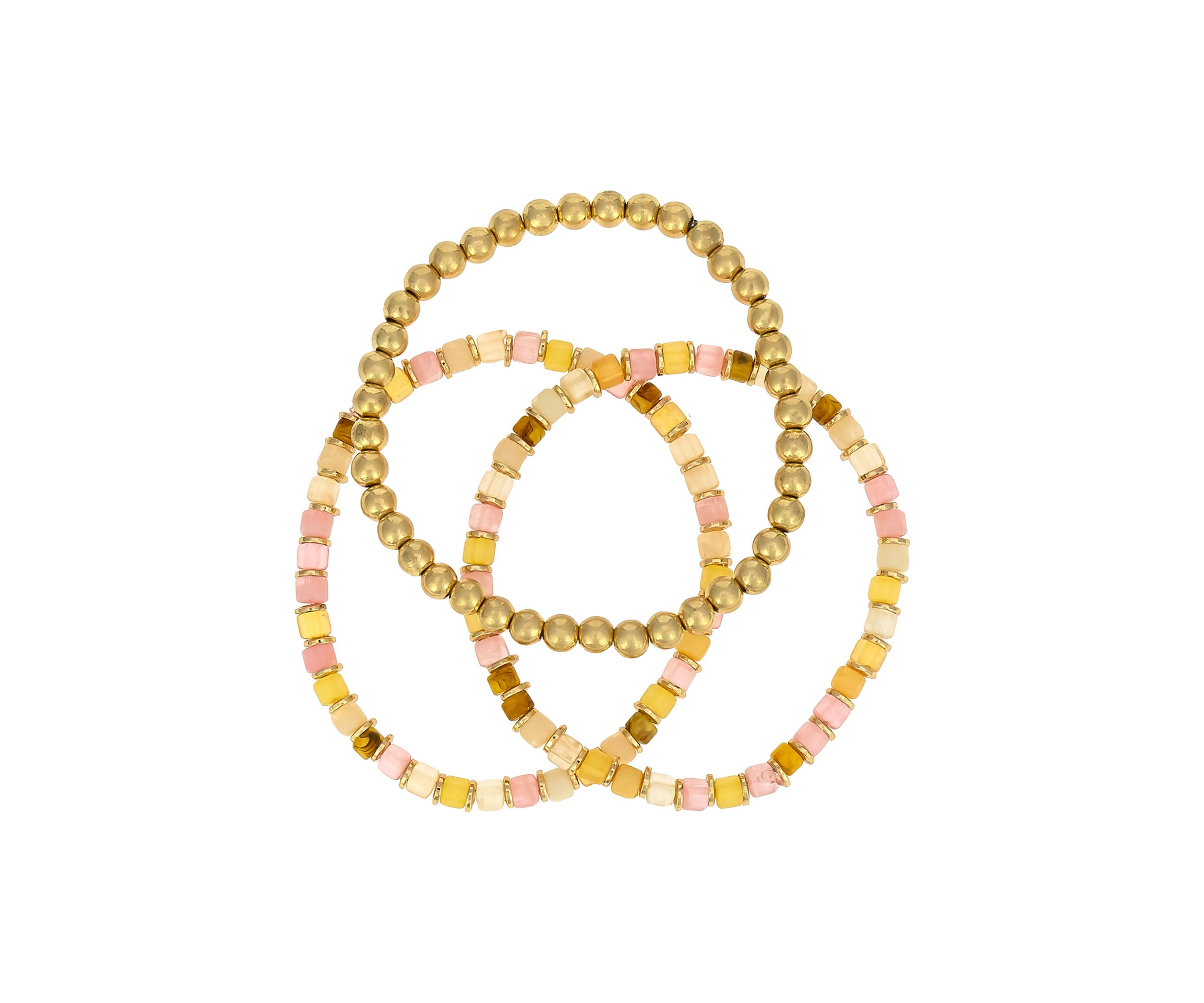 Gold Tone Row Neutral Color Beaded Stretch Bracelet Set - Set of 3