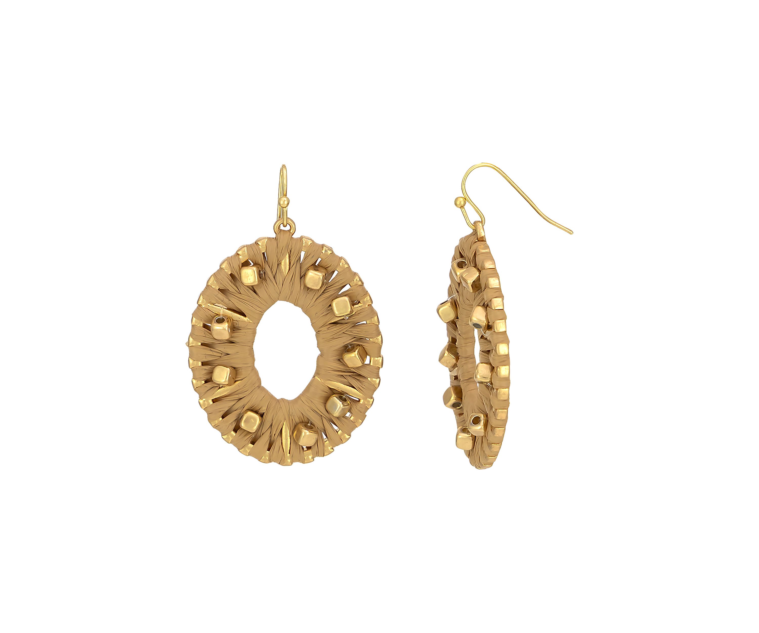 Gold Tone Natural Colored Raffia Wrapped Open Oval Earrings