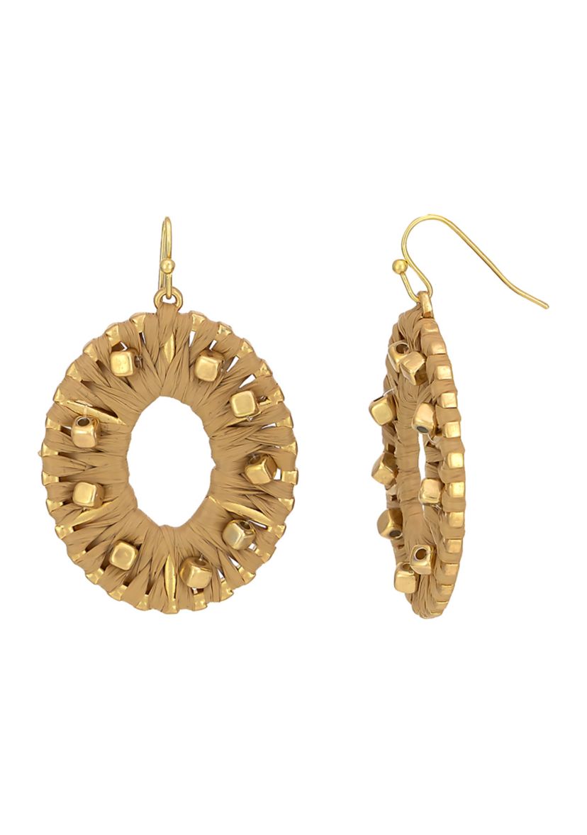 Gold Tone Natural Colored Raffia Wrapped Open Oval Earrings