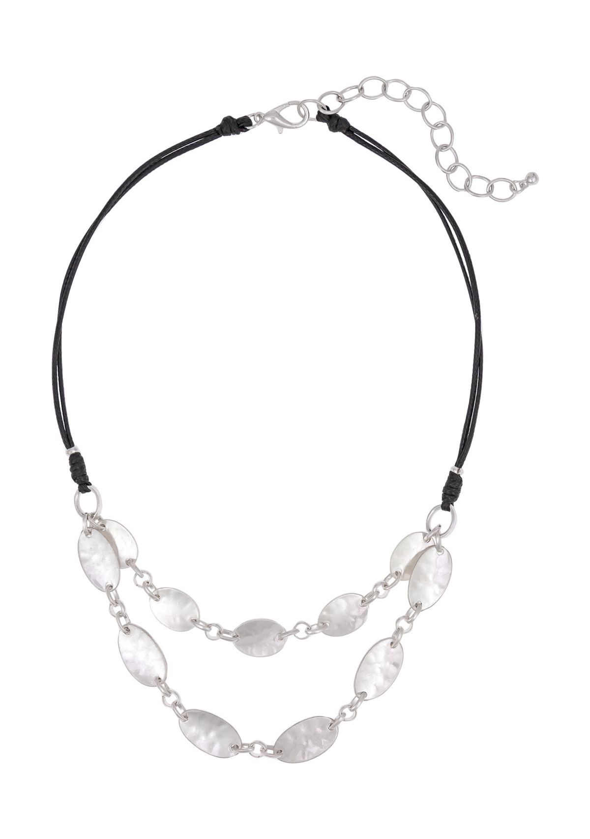 Silver-Tone Short 2 Row Linked Organic Teardrops On Black Cord Necklace