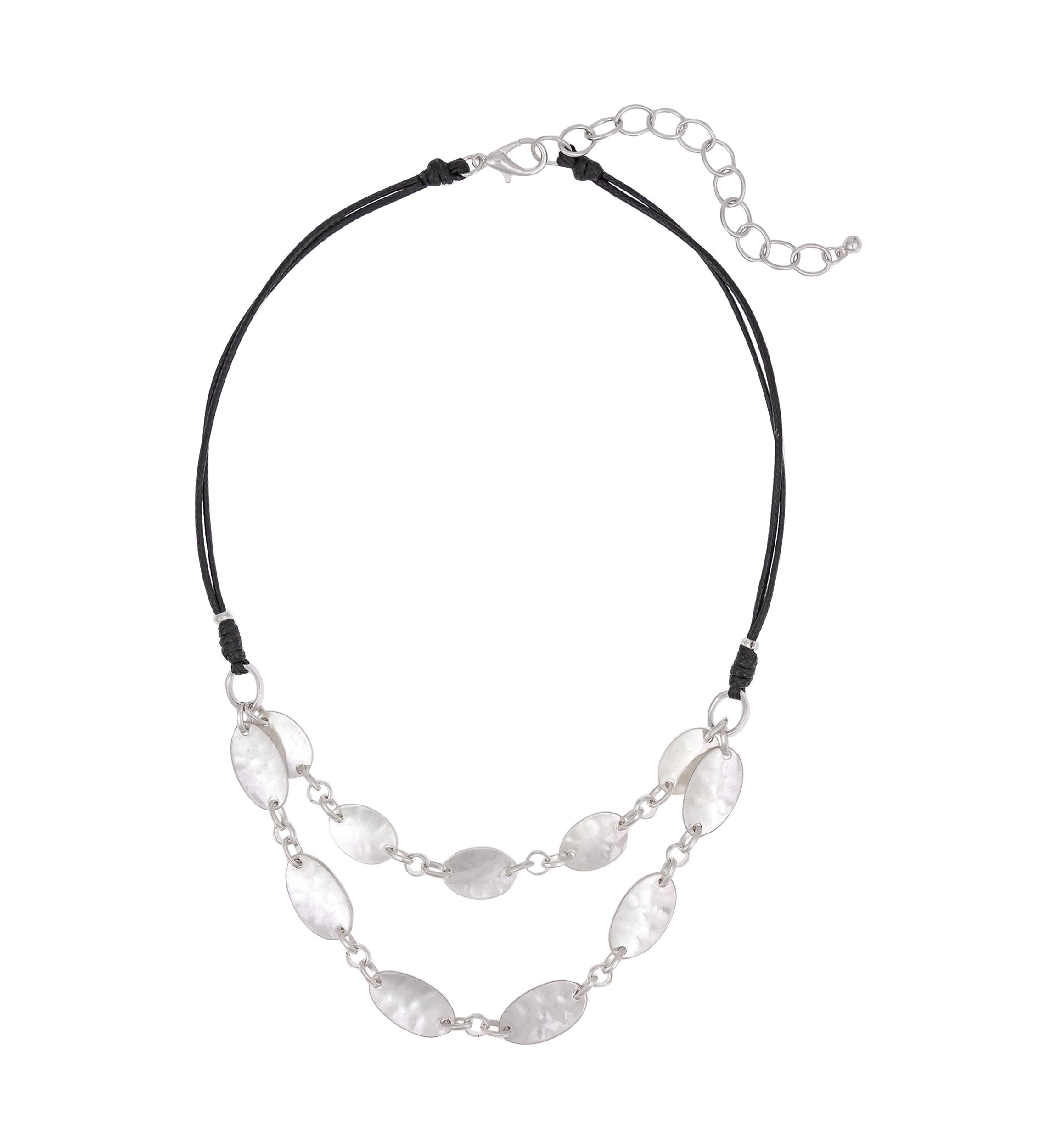 Silver-Tone Short 2 Row Linked Organic Teardrops On Black Cord Necklace