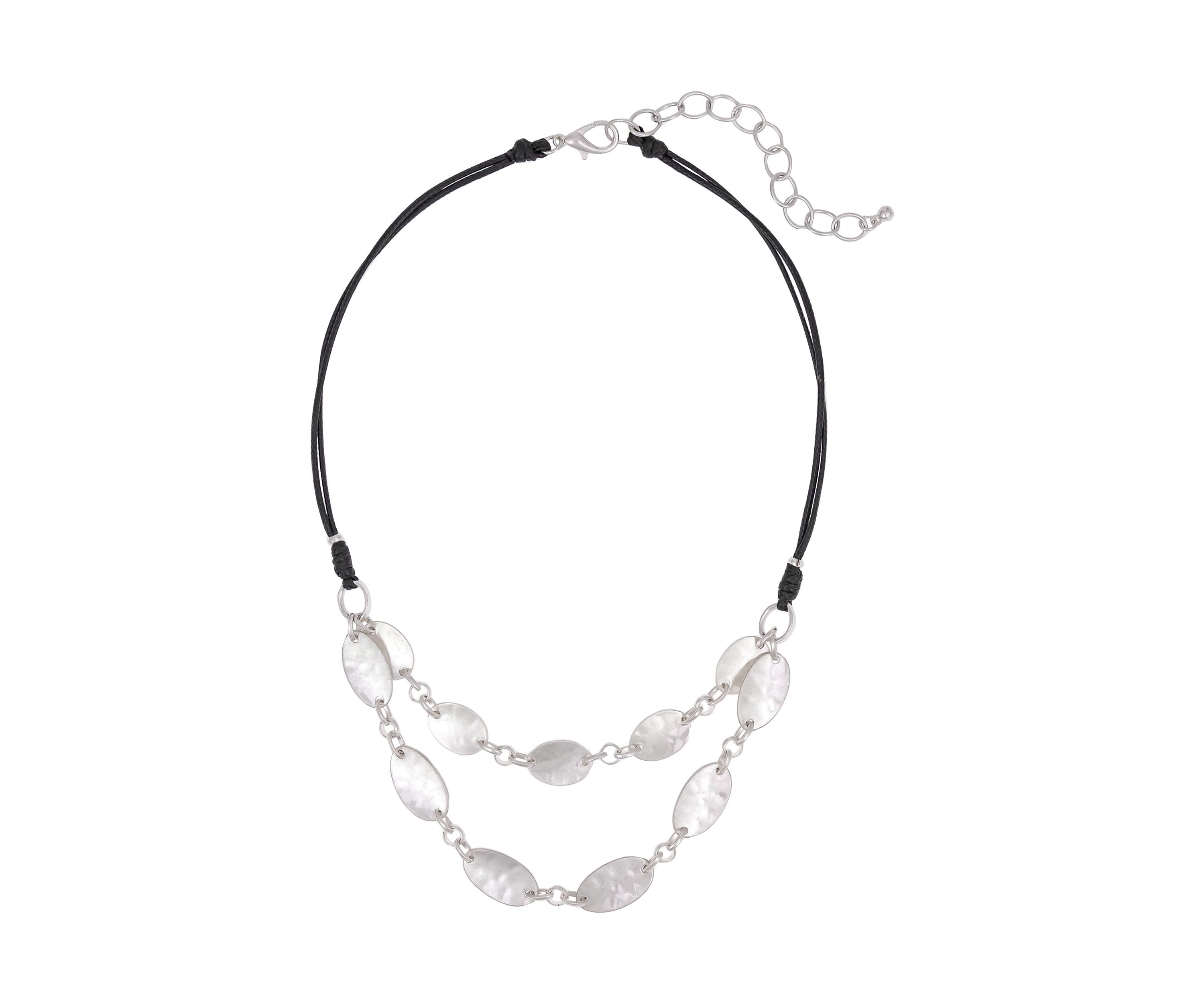 Silver-Tone Short 2 Row Linked Organic Teardrops On Black Cord Necklace