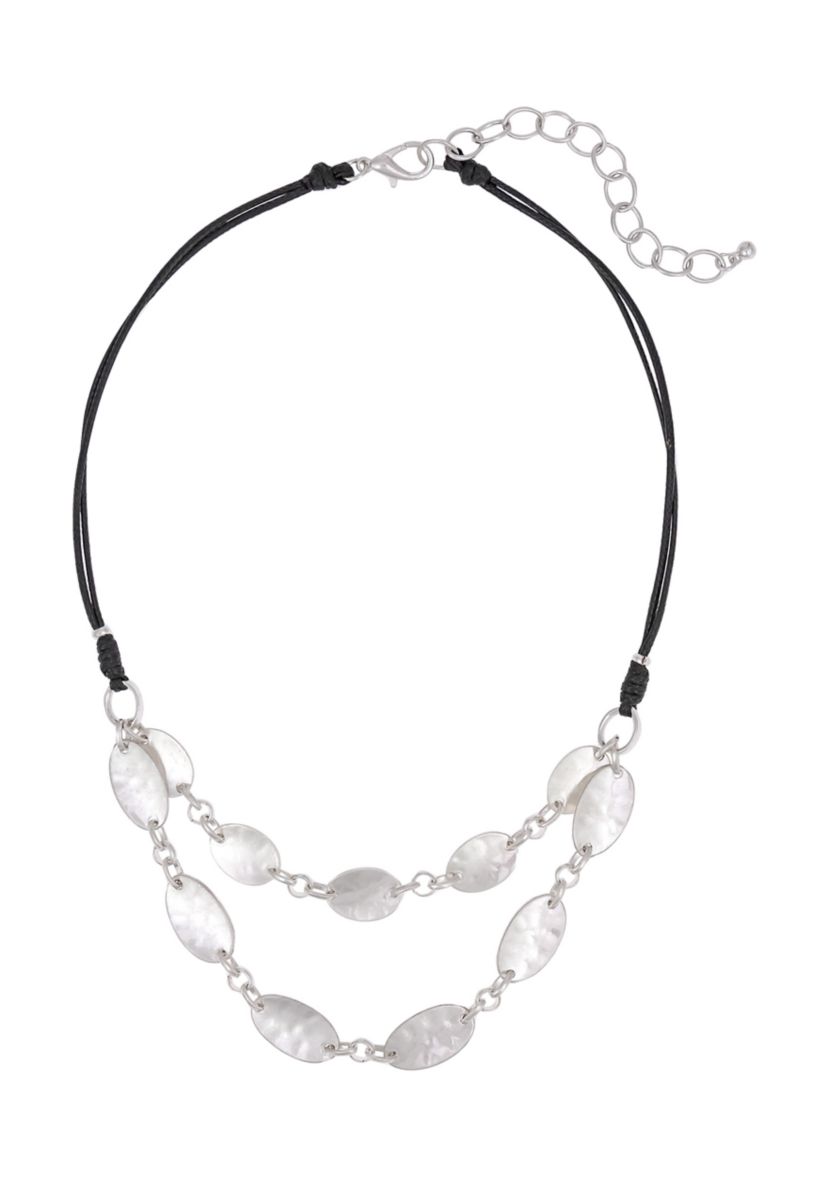 Silver-Tone Short 2 Row Linked Organic Teardrops On Black Cord Necklace