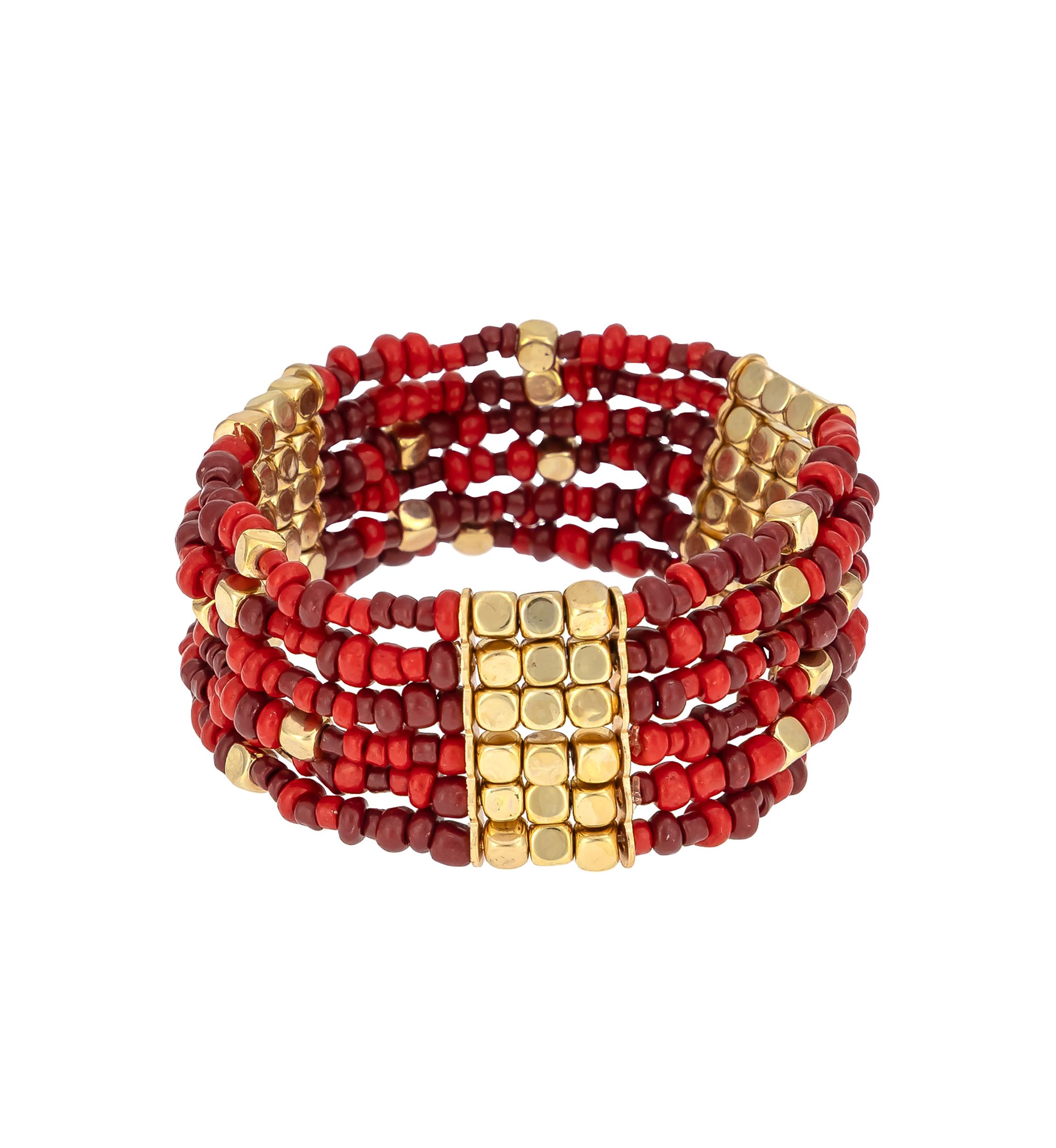 Gold Tone Multi Row Red Seed Bead Stretch Bracelet