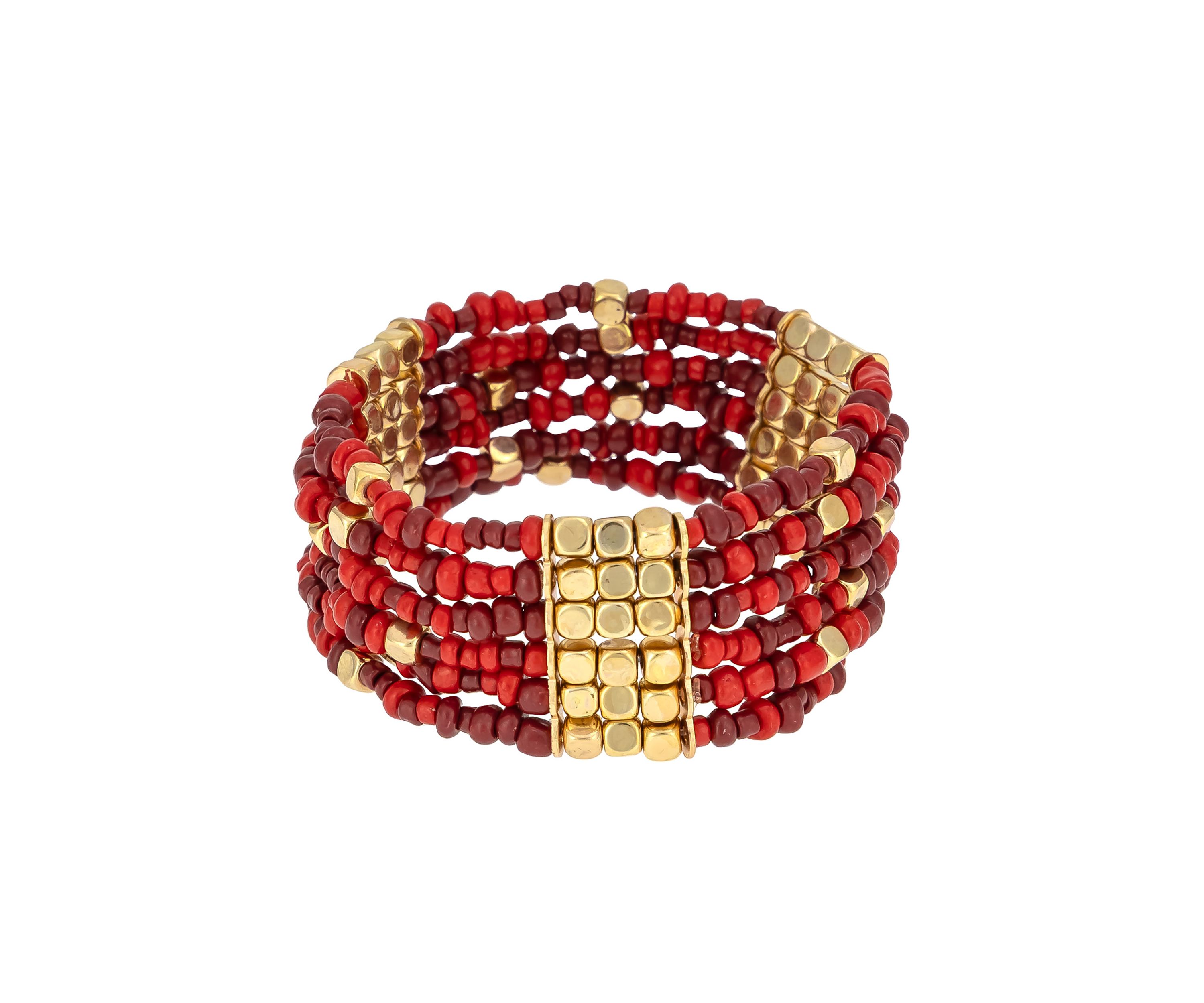 Gold Tone Multi Row Red Seed Bead Stretch Bracelet