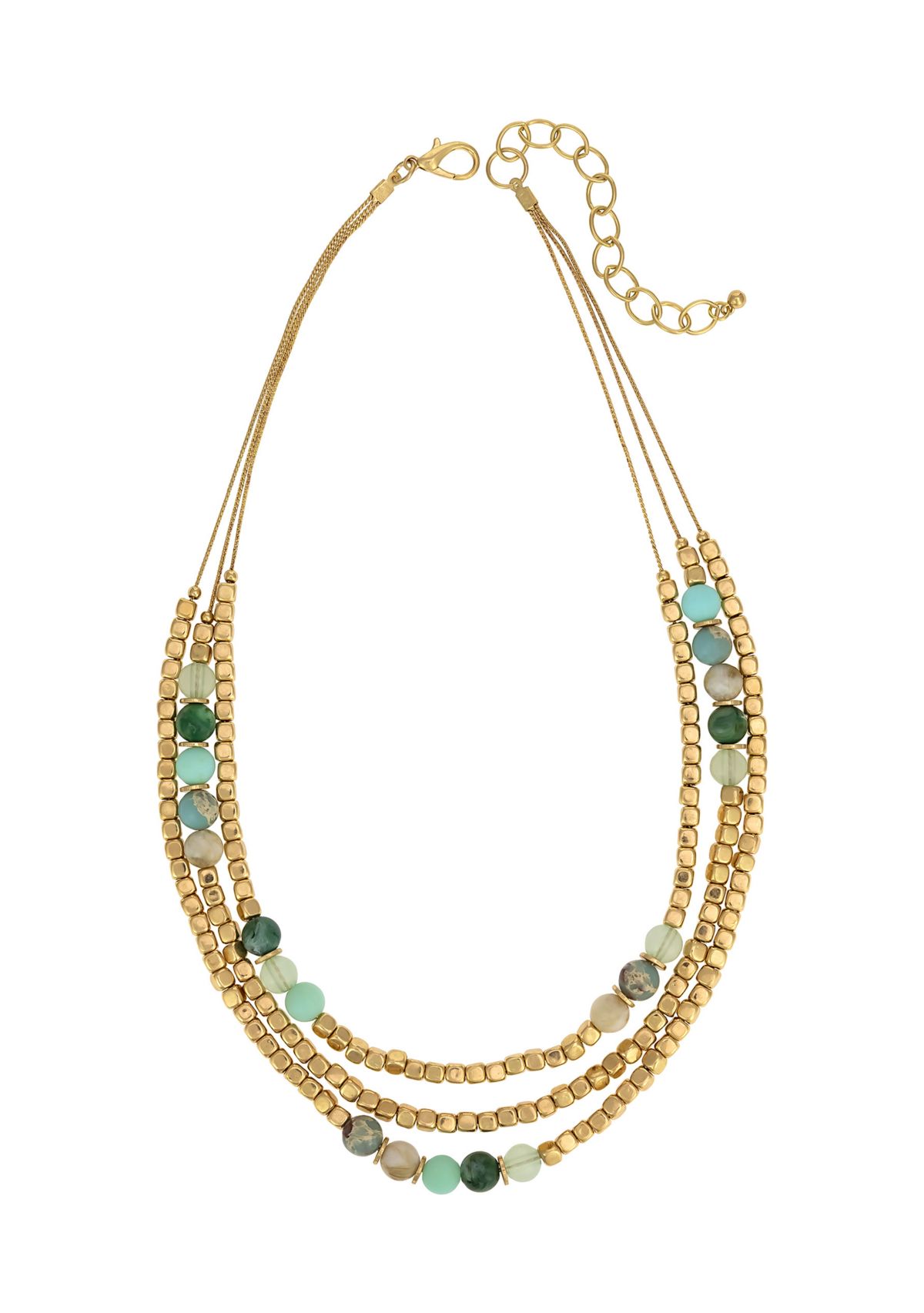 Gold Tone Three Row Nested Multi Green  Bead Necklace 