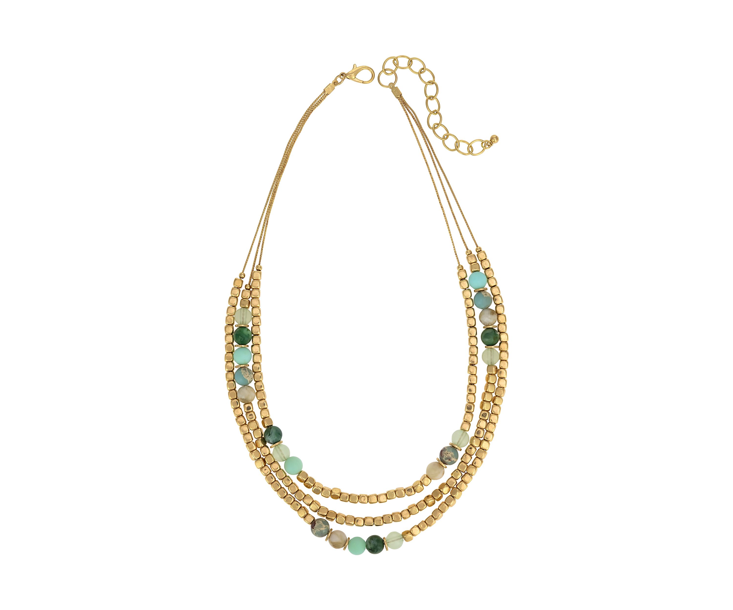 Gold Tone Three Row Nested Multi Green  Bead Necklace 