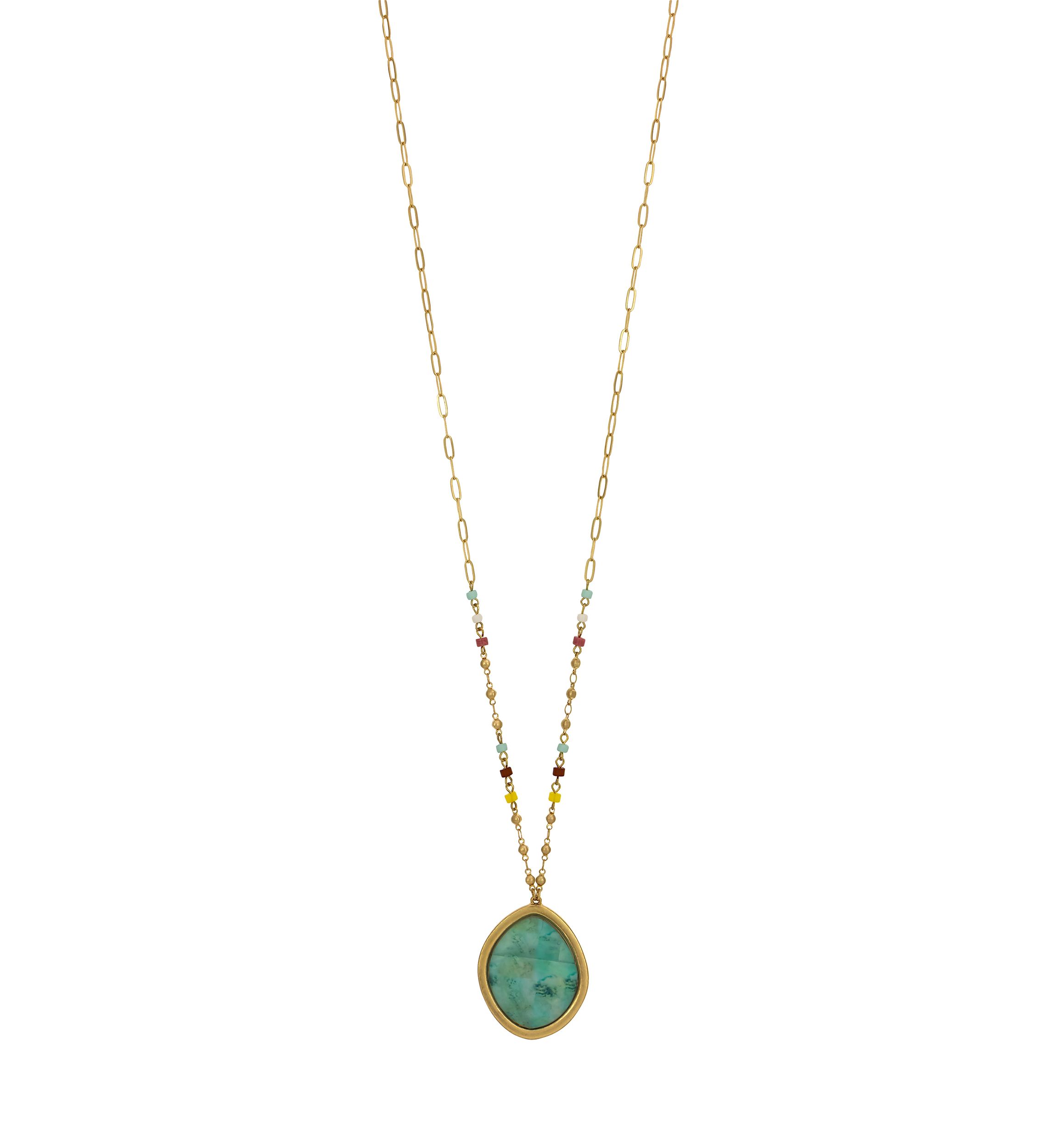 Gold Tone Long Chain Multi Color Beads and Green Multi Pendant Drop Necklace