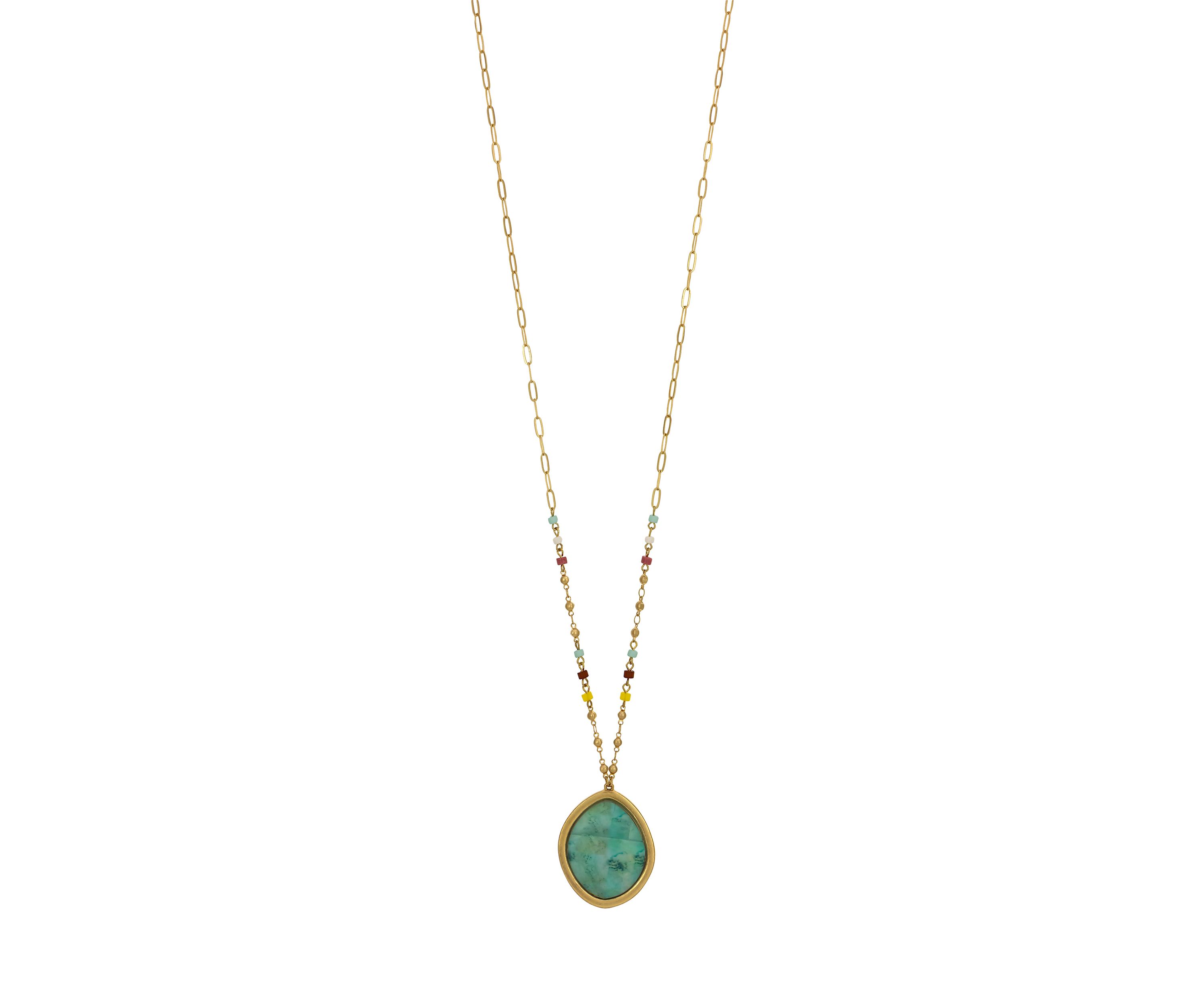 Gold Tone Long Chain Multi Color Beads and Green Multi Pendant Drop Necklace