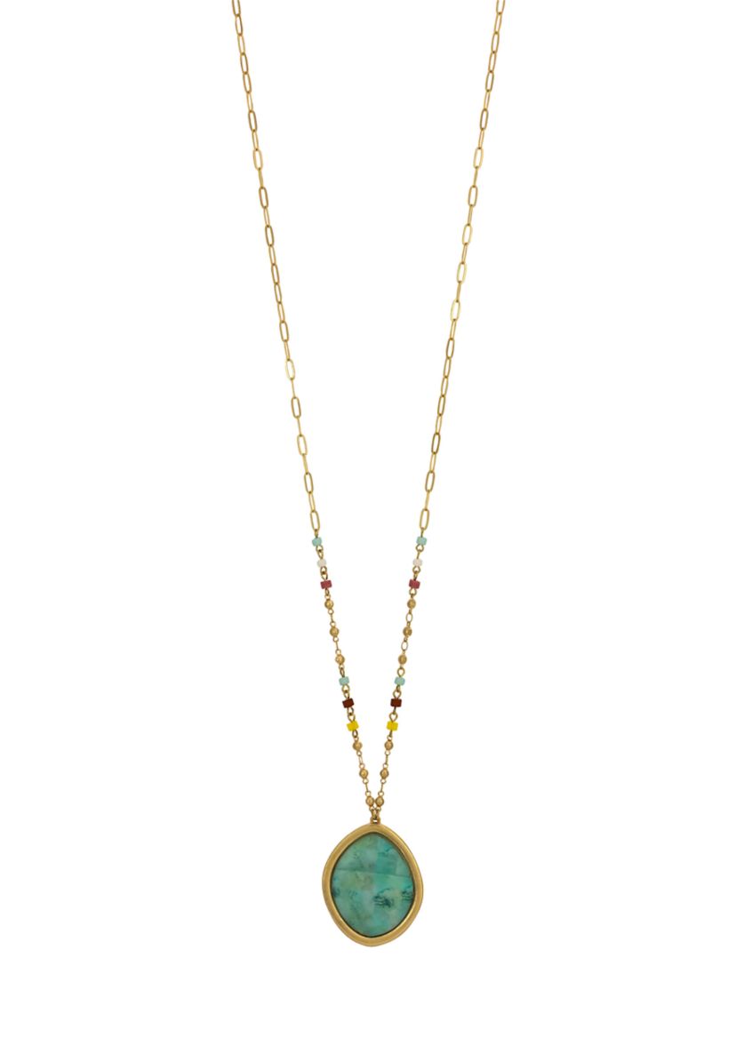 Gold Tone Long Chain Multi Color Beads and Green Multi Pendant Drop Necklace