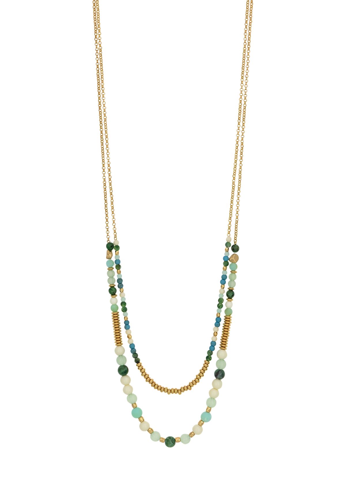 Gold Tone Layered Long 2 Row Green Multi Beaded Necklace