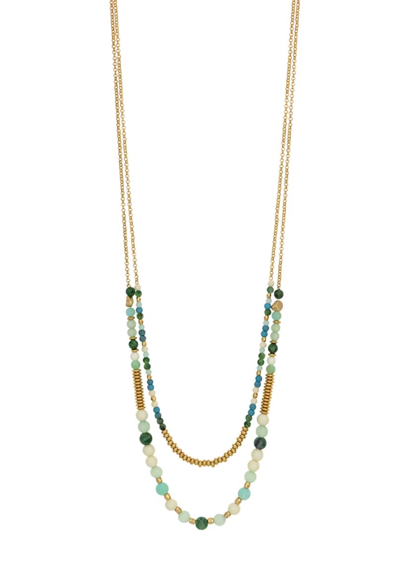 Gold Tone Layered Long 2 Row Green Multi Beaded Necklace