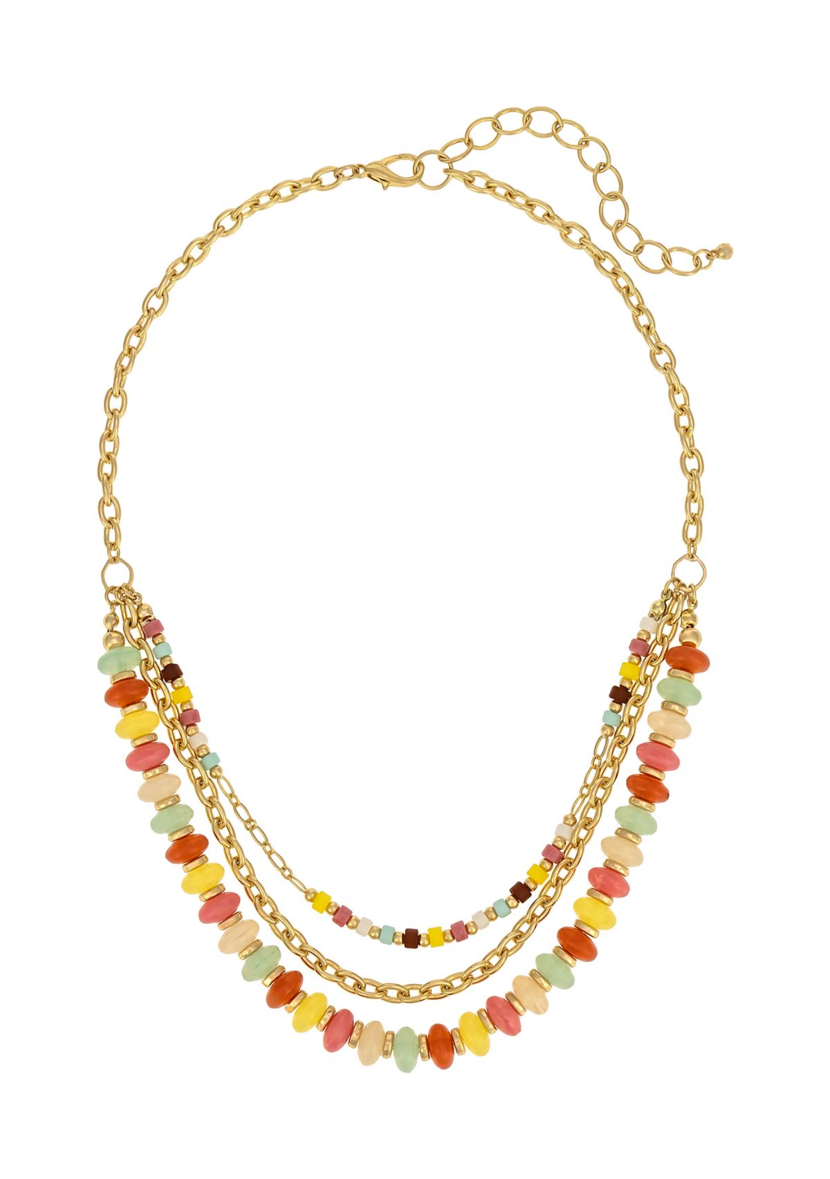 Gold Tone Three Row Multi Colored Bead Chain Frontal Necklace