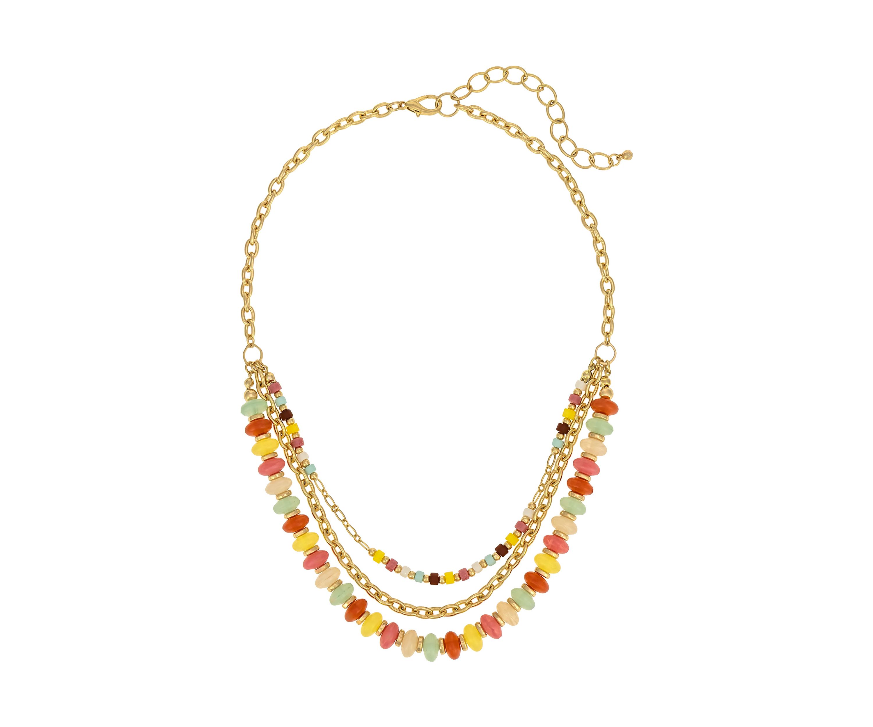 Gold Tone Three Row Multi Colored Bead Chain Frontal Necklace