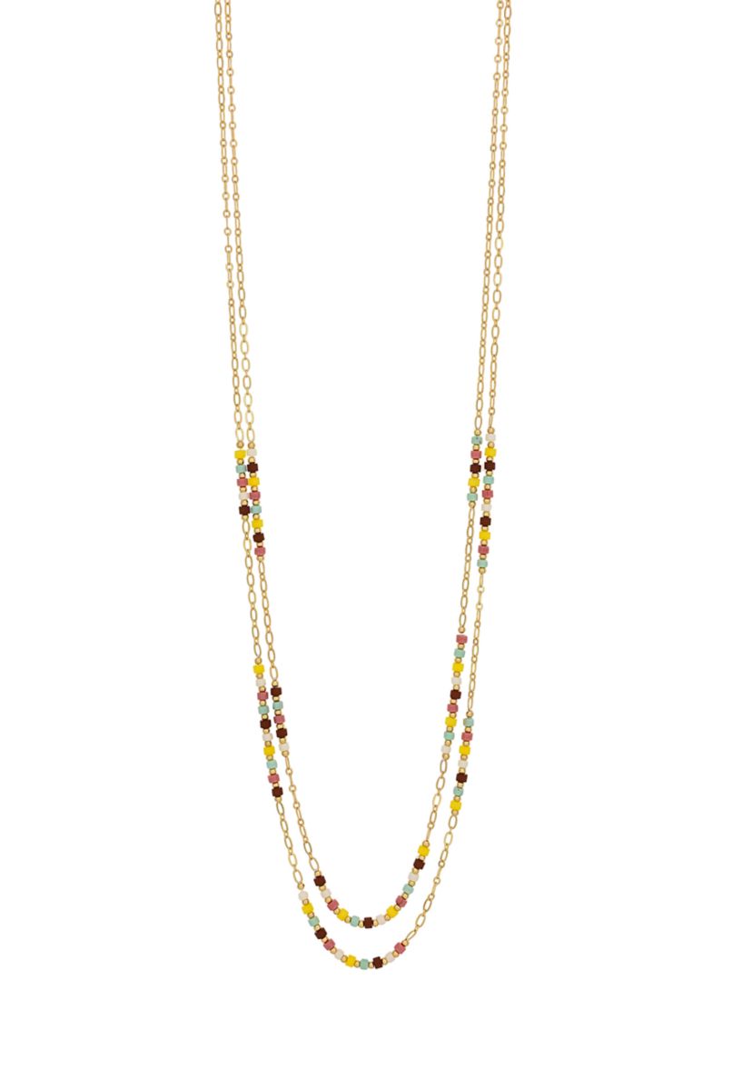 Gold Tone Two Row Long Multi Colored Beaded Stations Necklace