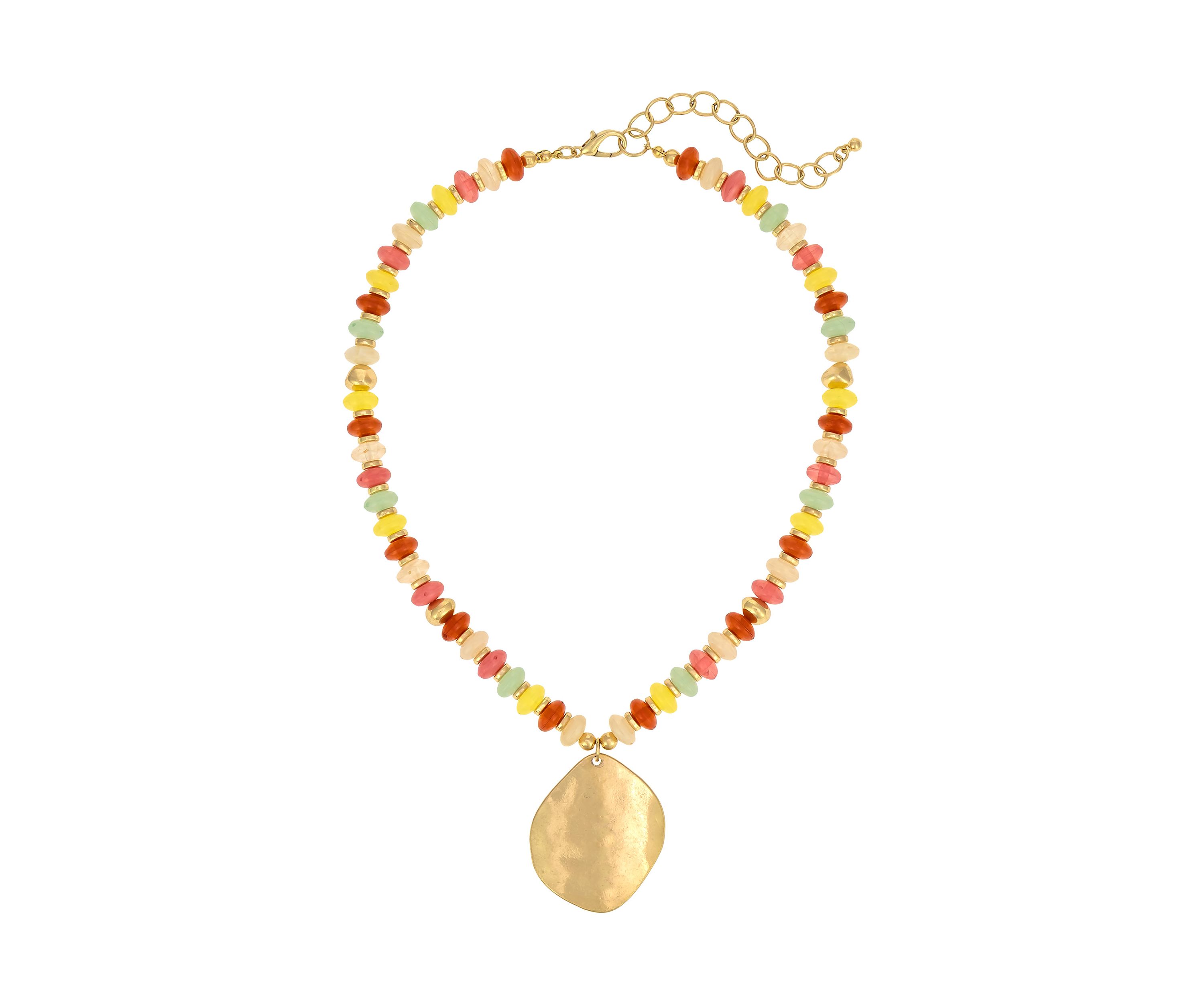 Gold Tone Multicolored Beaded with Metal Disc Pendant Short Necklace