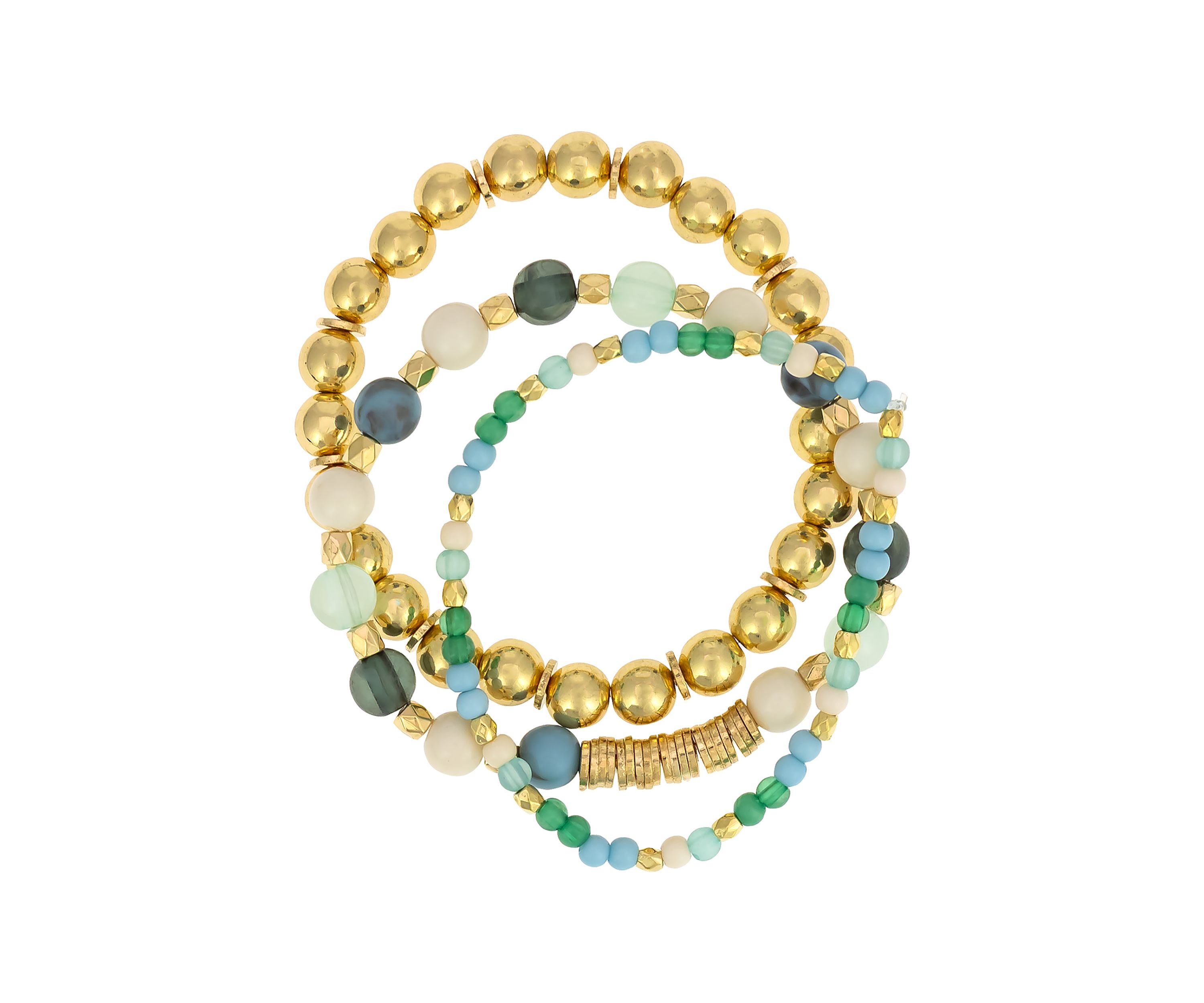 Gold Tone Three Row Green Multi Beaded Stretch Bracelet Set