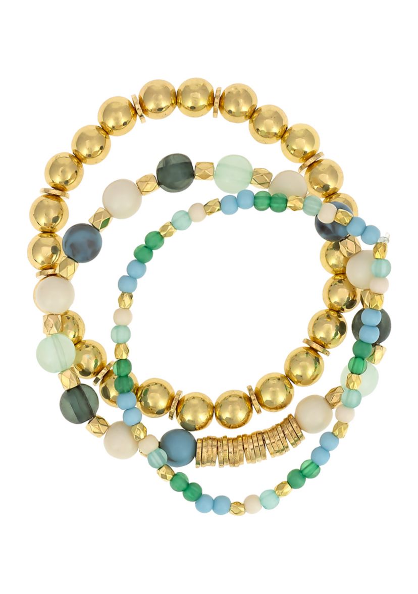 Gold Tone Three Row Green Multi Beaded Stretch Bracelet Set