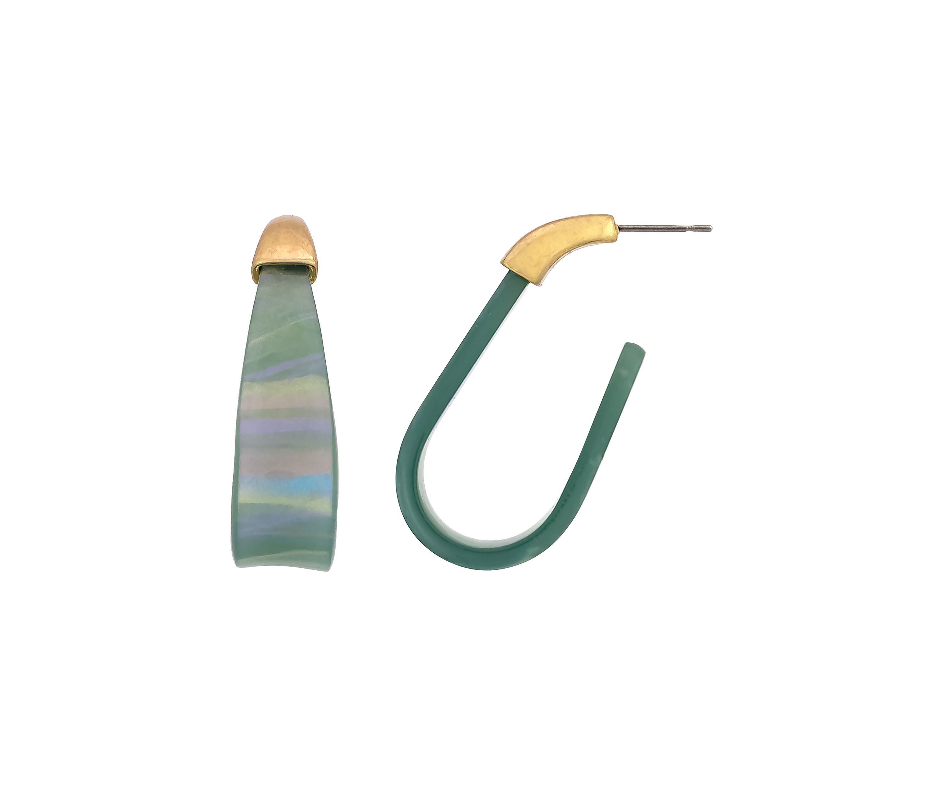 Gold Tone Post Top Green Lucite J Hoop Earrings