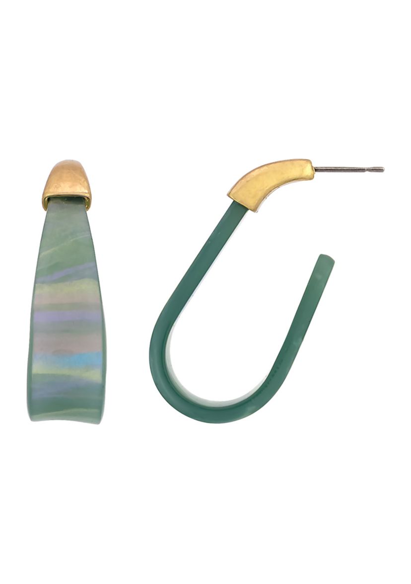 Gold Tone Post Top Green Lucite J Hoop Earrings