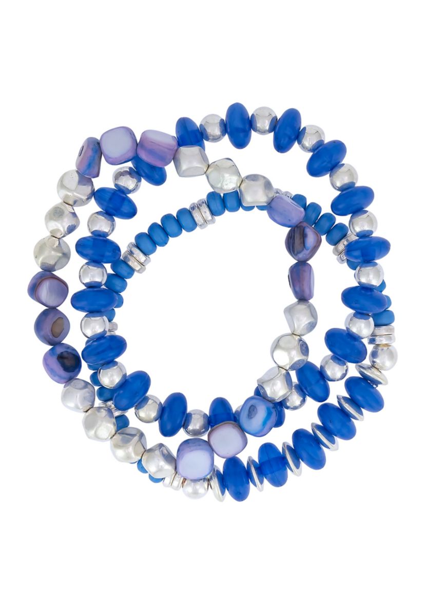 3 Row Multi Bead and Shell Stretch Bracelet Set