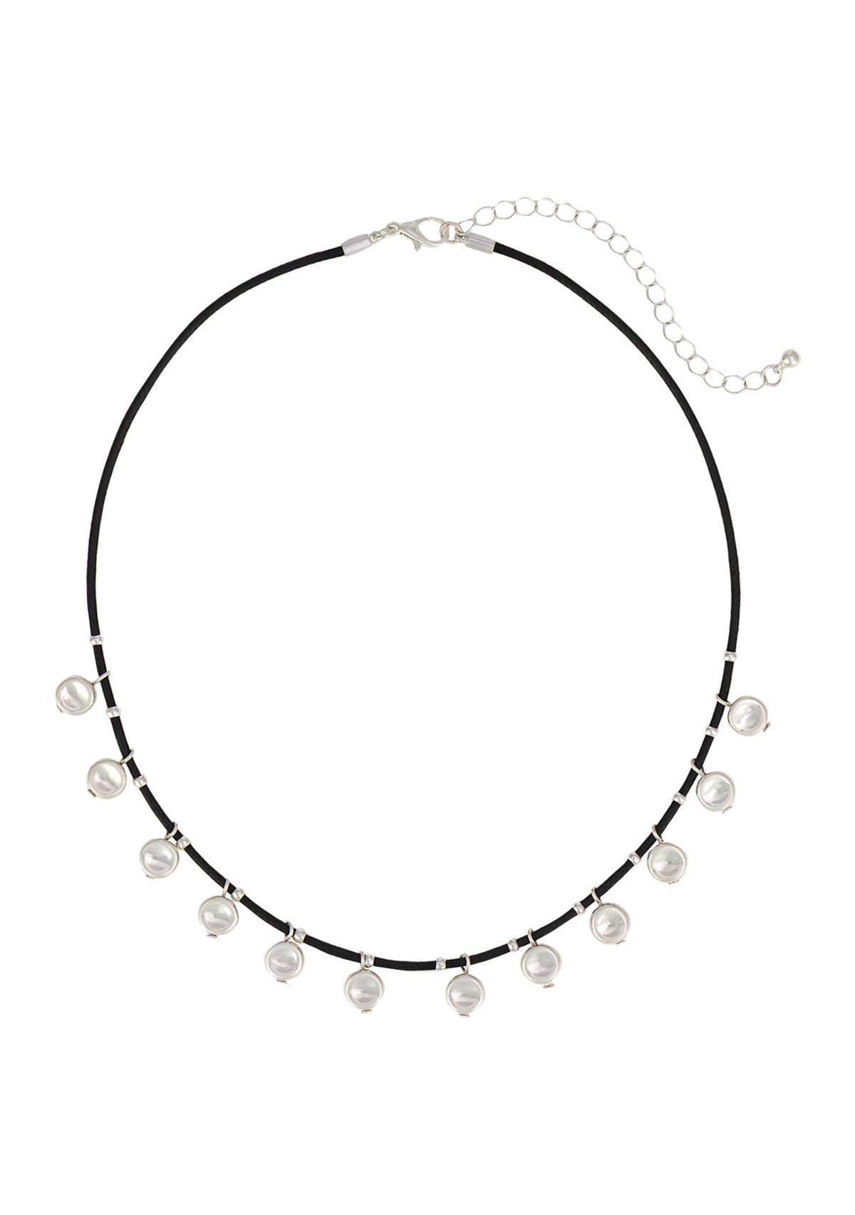 Silver Tone Black Cord with Small Silver tone Disc Drops Necklace
