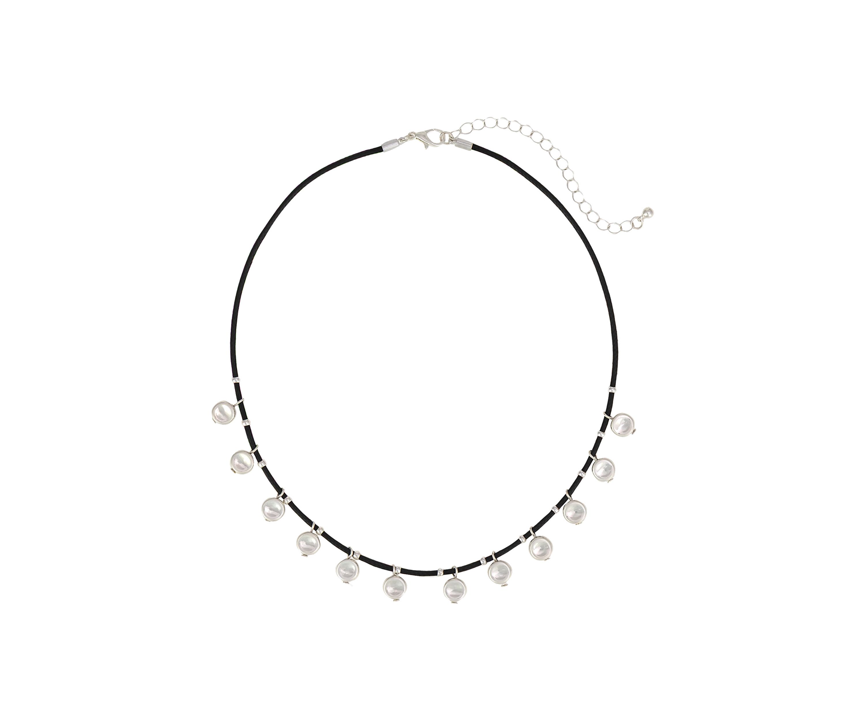 Silver Tone Black Cord with Small Silver tone Disc Drops Necklace