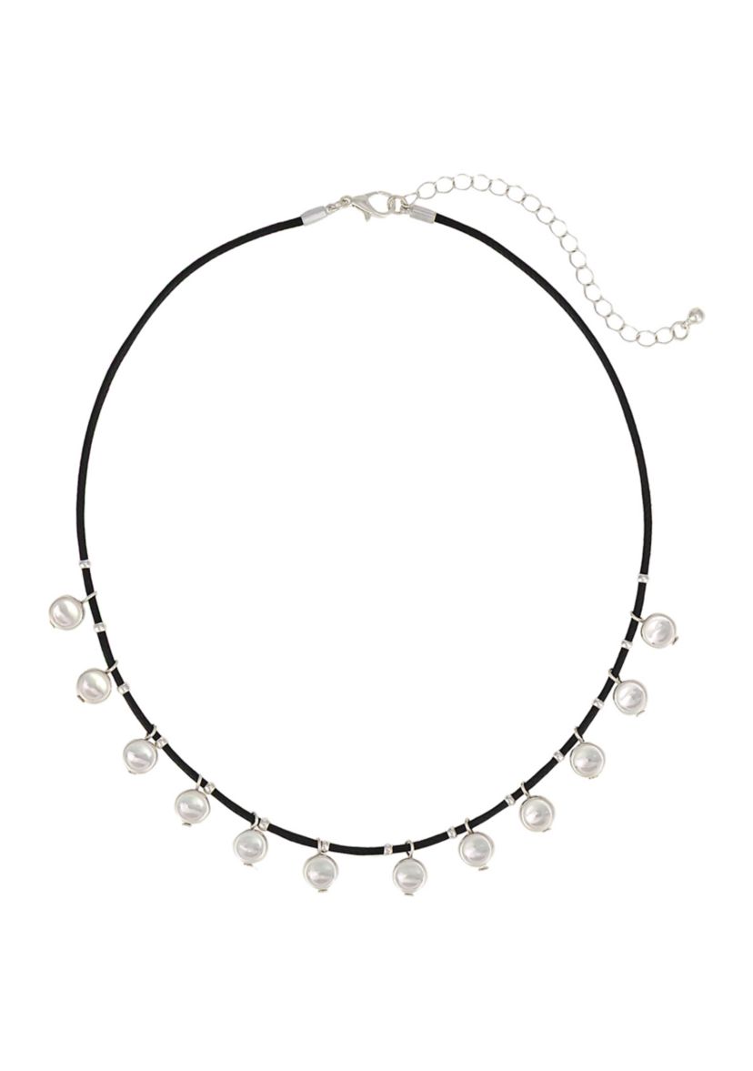 Silver Tone Black Cord with Small Silver tone Disc Drops Necklace
