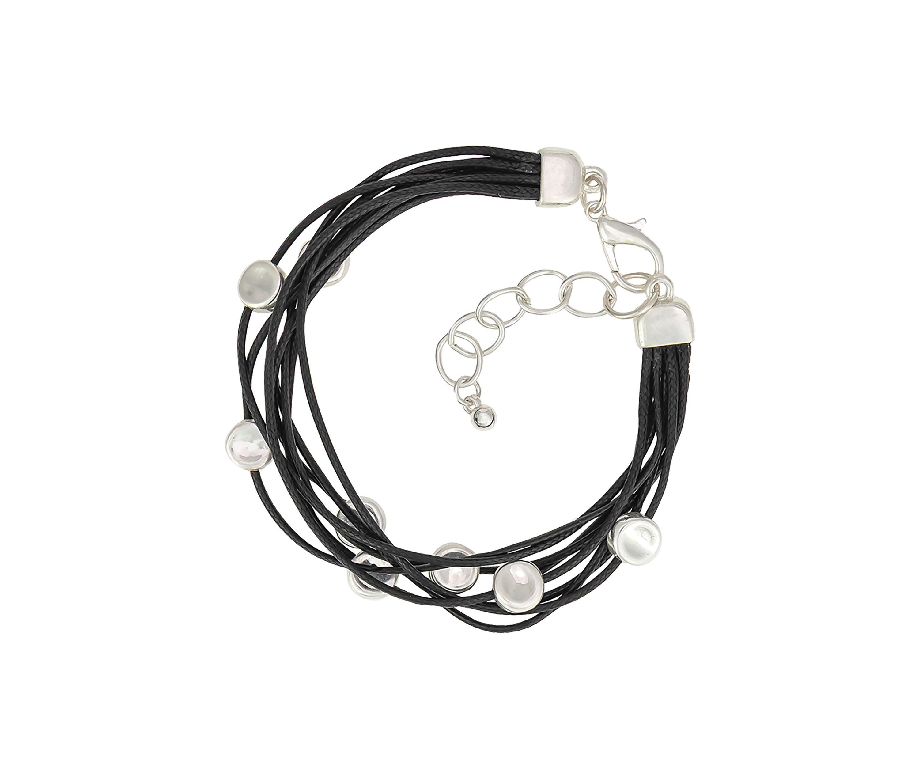 Silver Tone Multi Strand Black Cord with Disc Accents Bracelet
