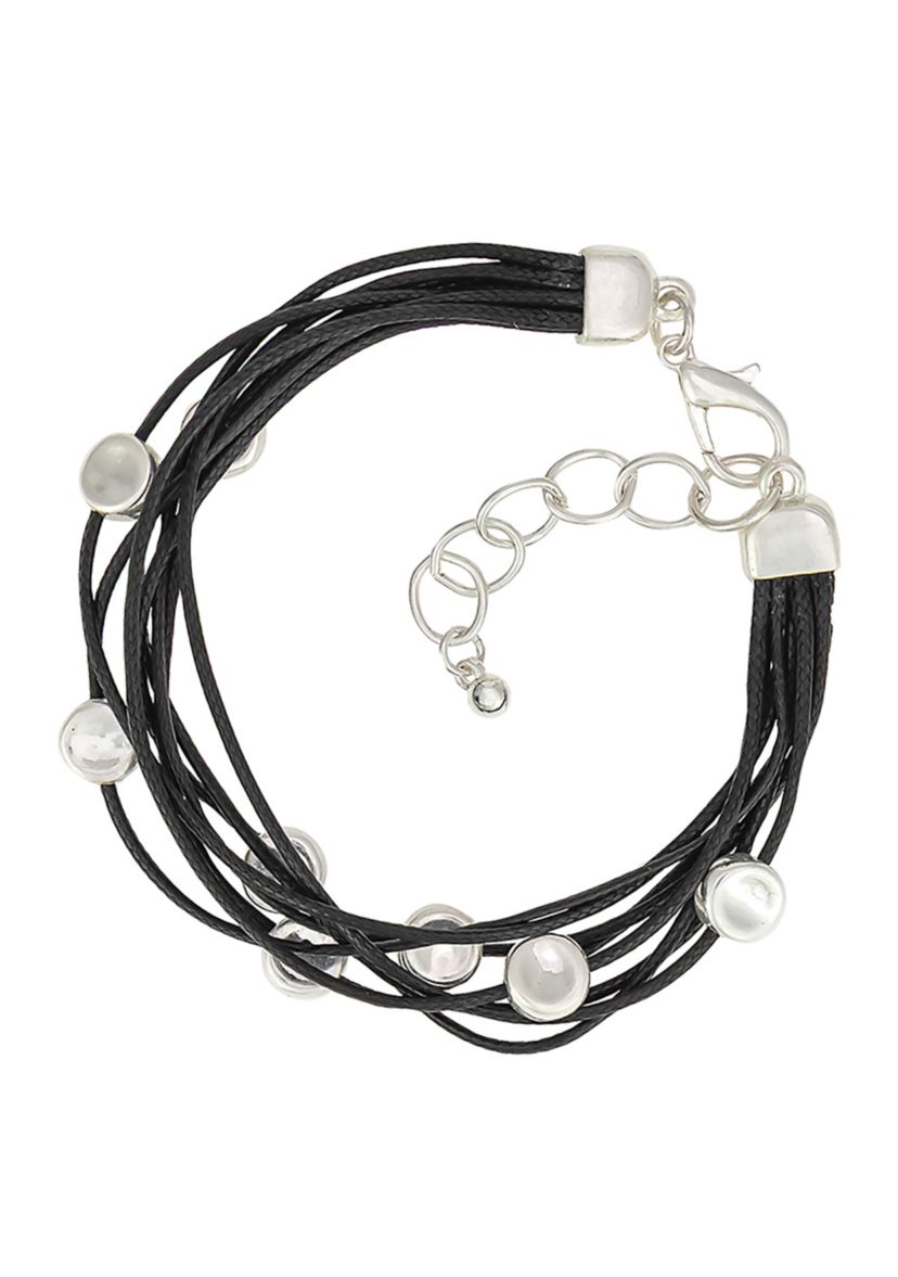 Silver Tone Multi Strand Black Cord with Disc Accents Bracelet