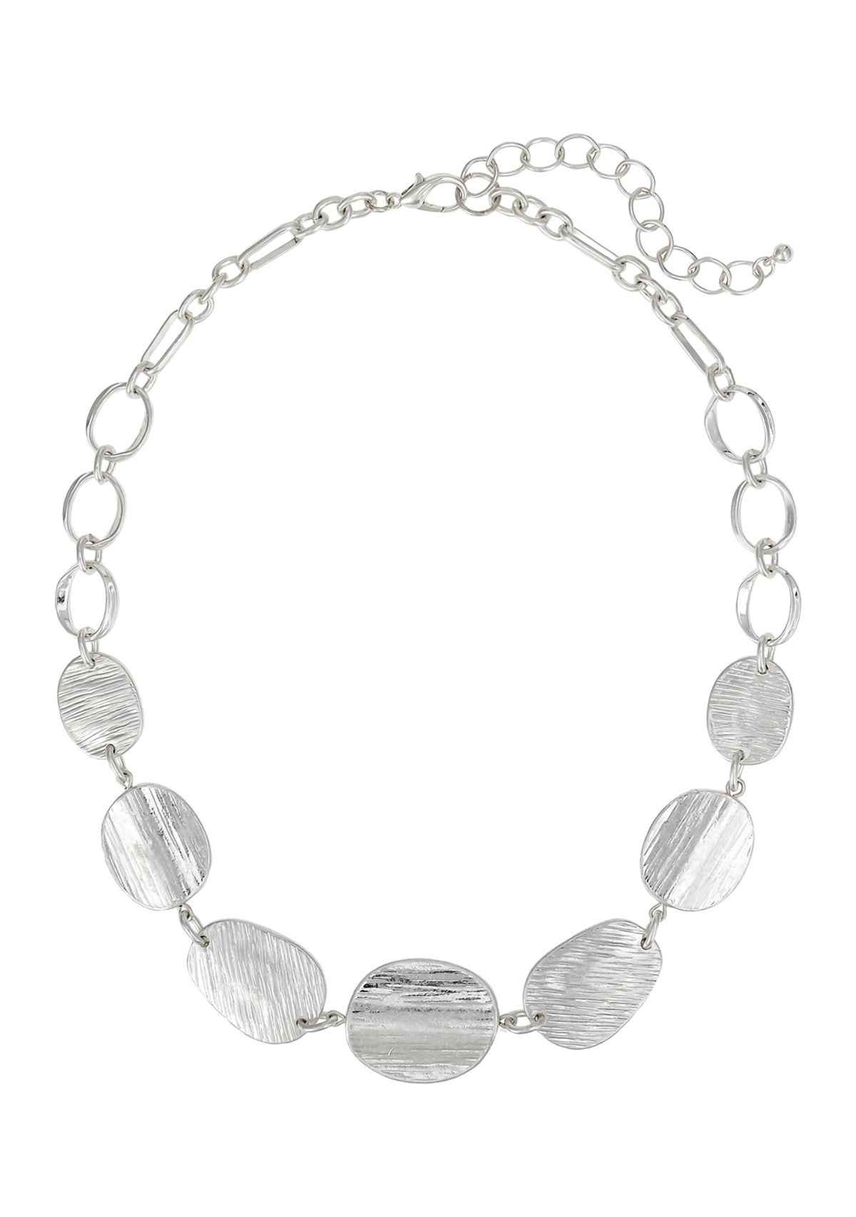 Silver Tone Textured Oval Disc Frontal Necklace
