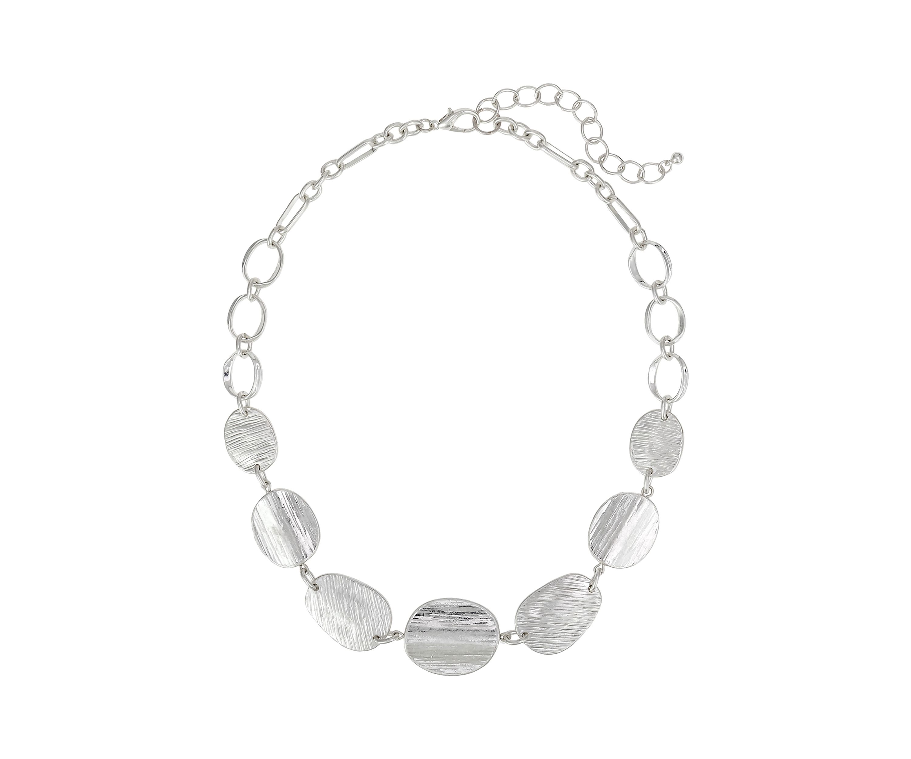 Silver Tone Textured Oval Disc Frontal Necklace
