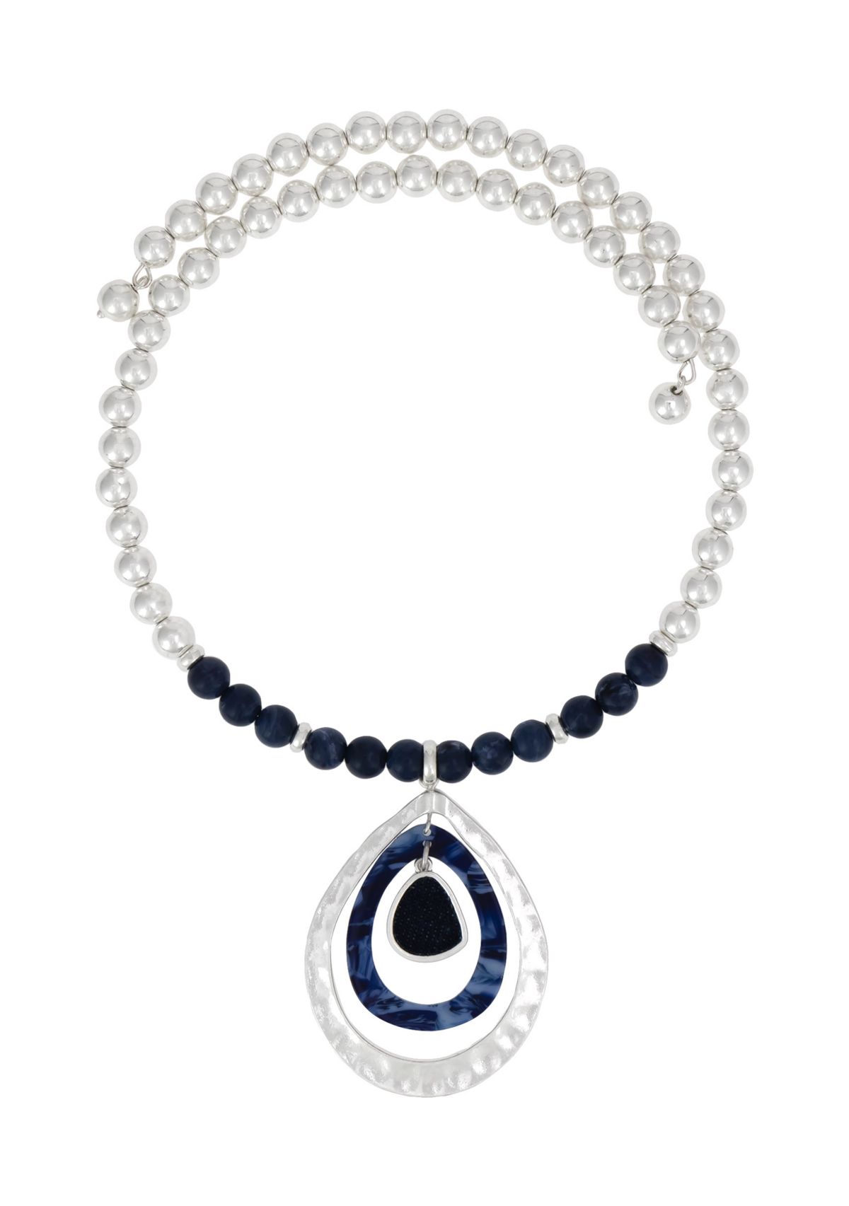 Silver Tone Blue and Silver Beaded Neckwire Teardrop Orbital Pendant Drop Necklace