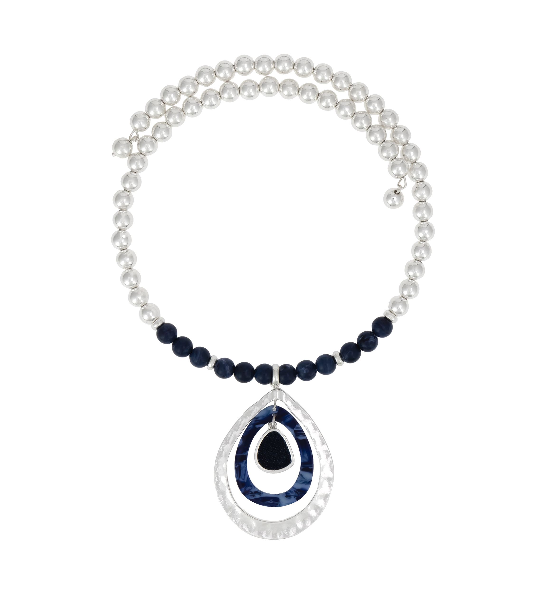 Silver Tone Blue and Silver Beaded Neckwire Teardrop Orbital Pendant Drop Necklace