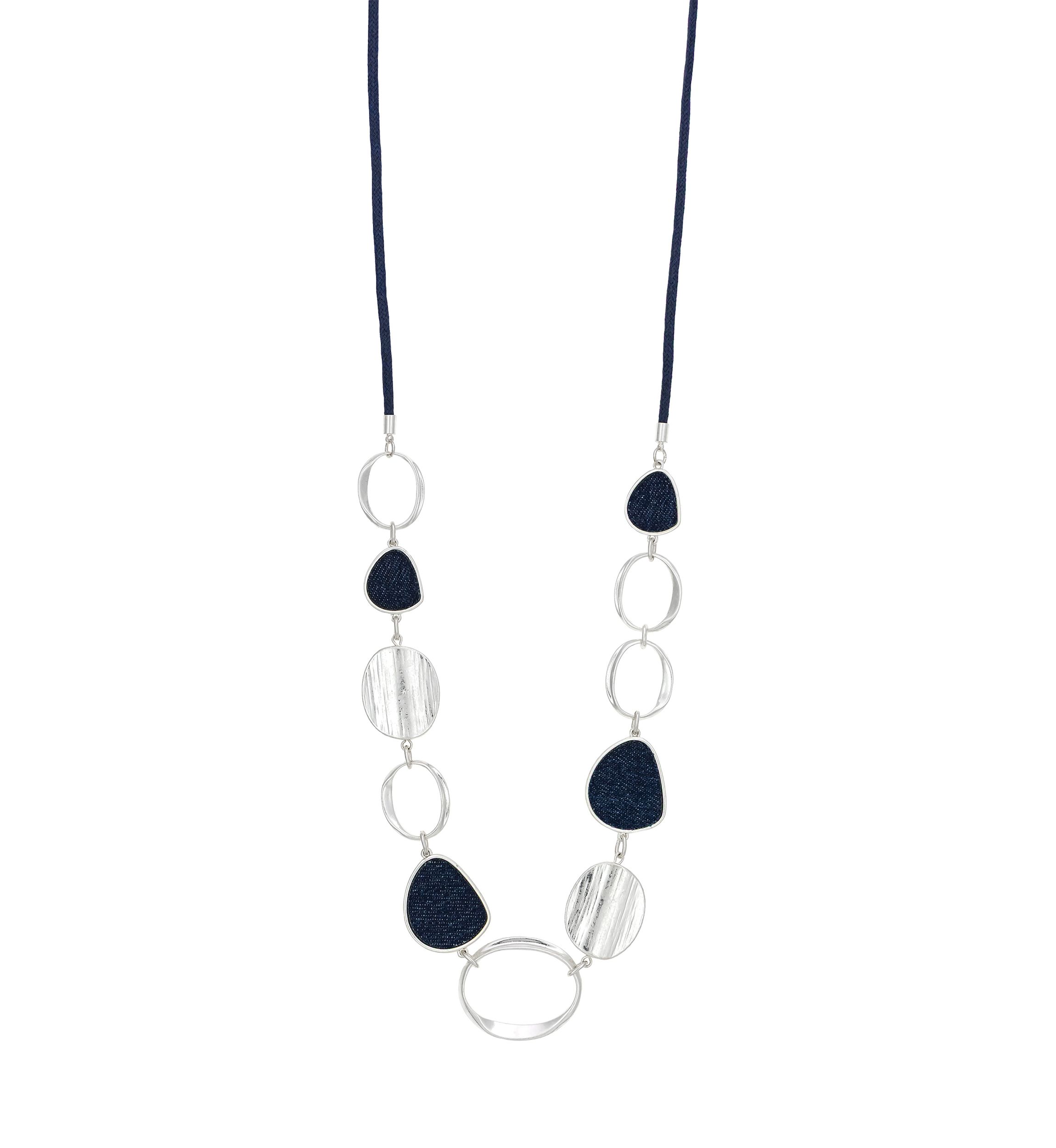 Silver Tone Linked Denim and Textured Metal Disc Necklace