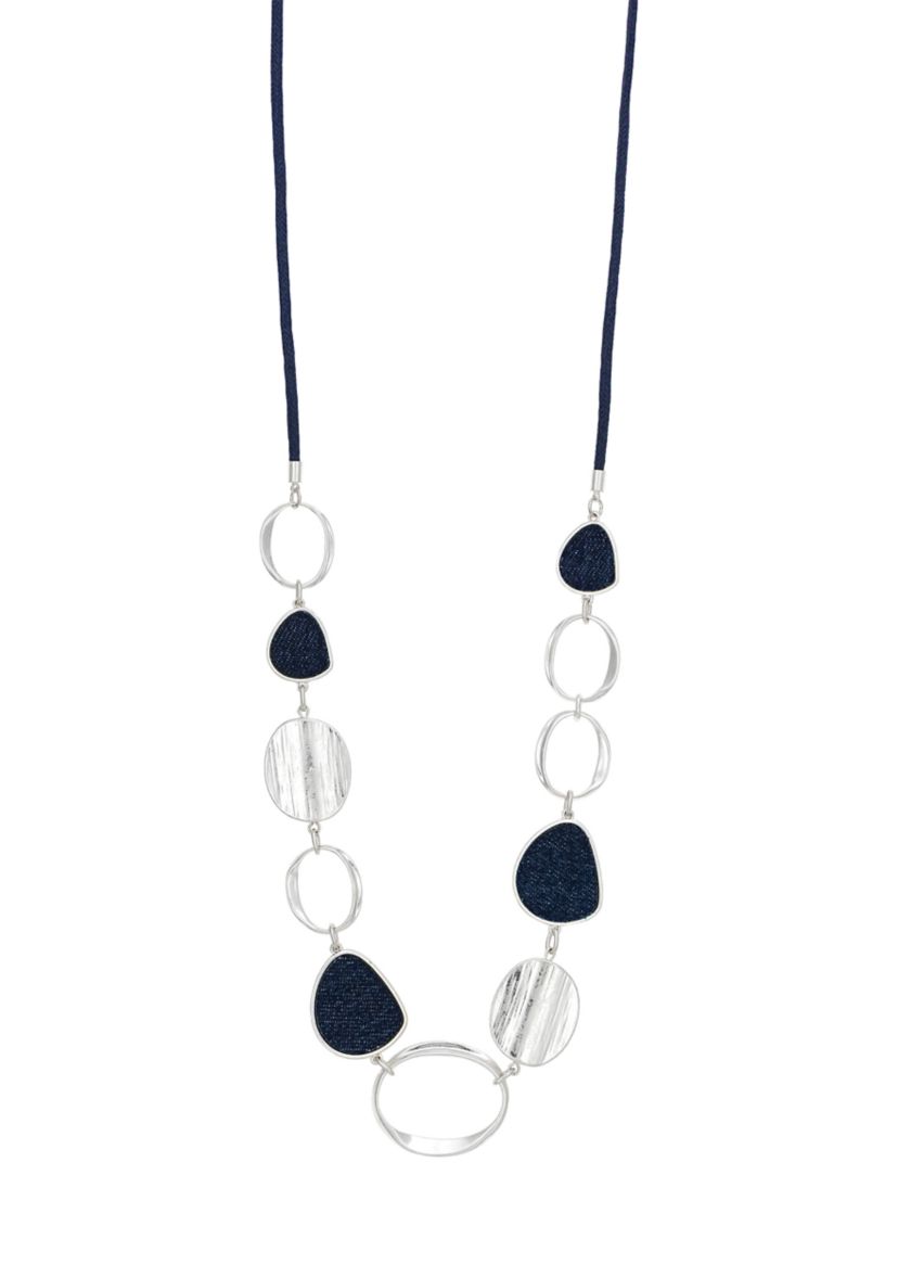 Silver Tone Linked Denim and Textured Metal Disc Necklace