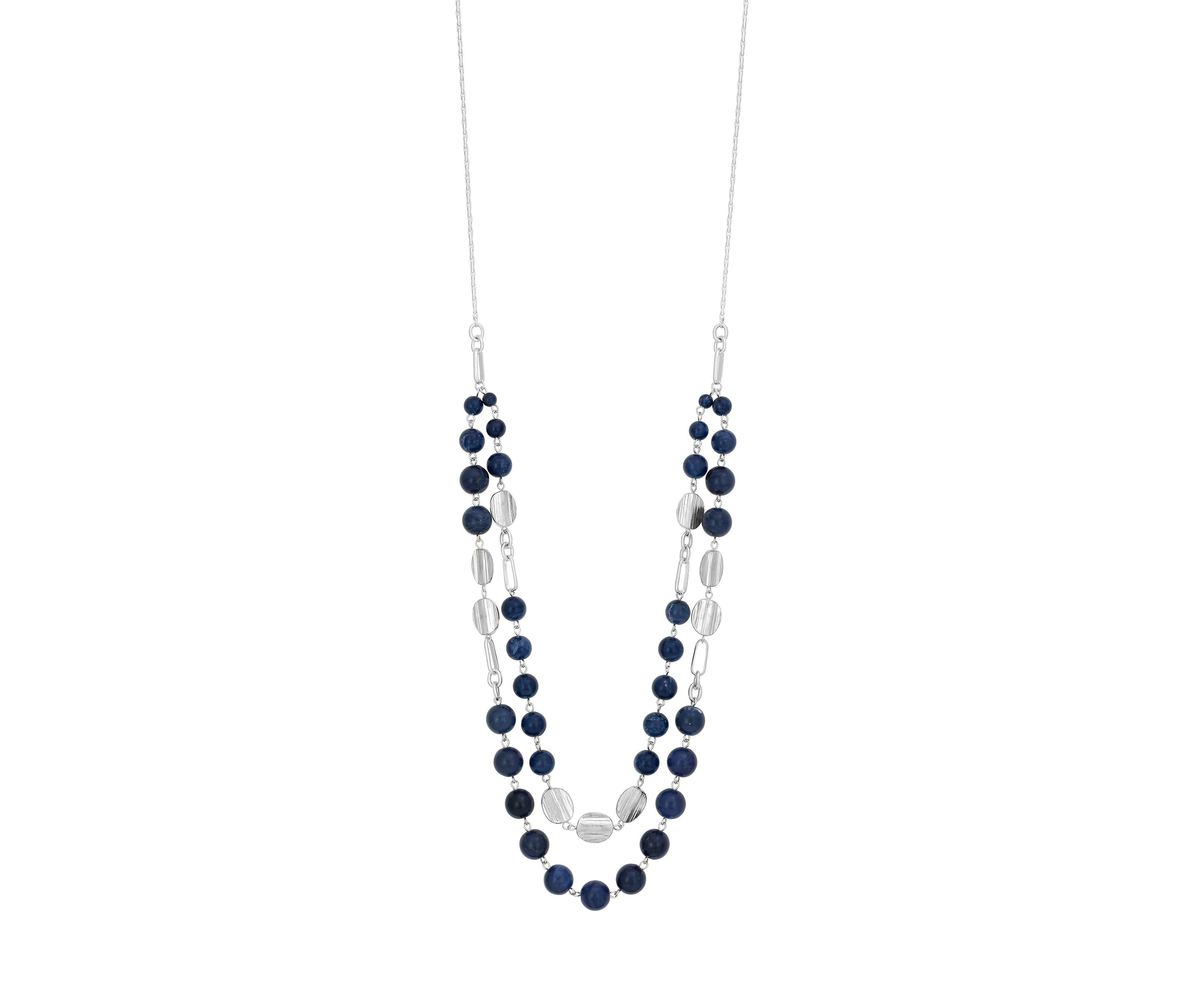 Silver Tone 2 Row Long Blue Beaded Necklace