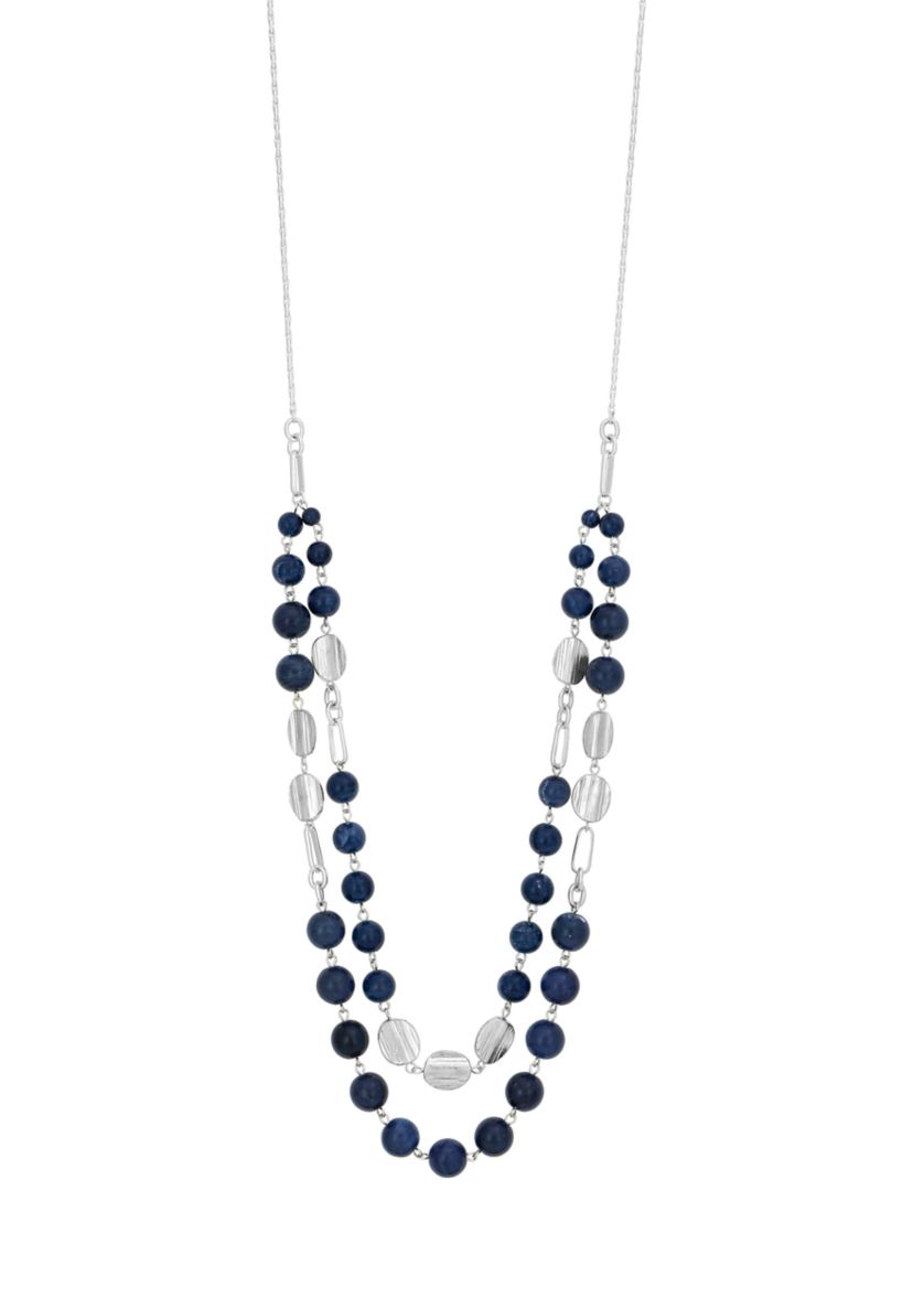 Silver Tone 2 Row Long Blue Beaded Necklace