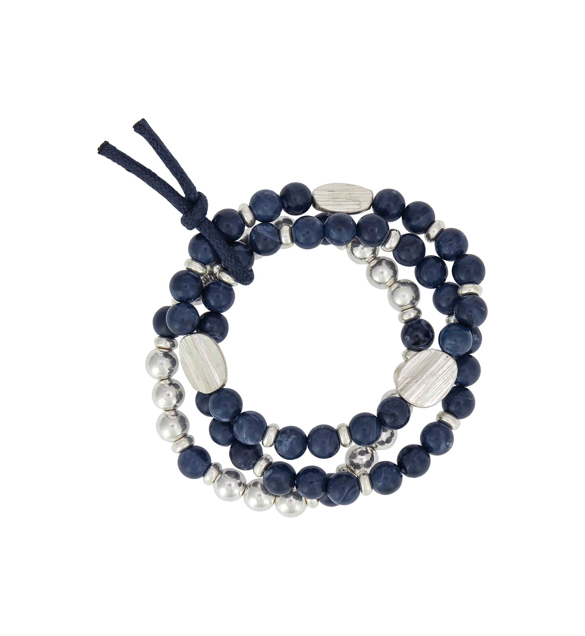 Silver Tone 3 Row Blue Beaded Stretch Bracelet