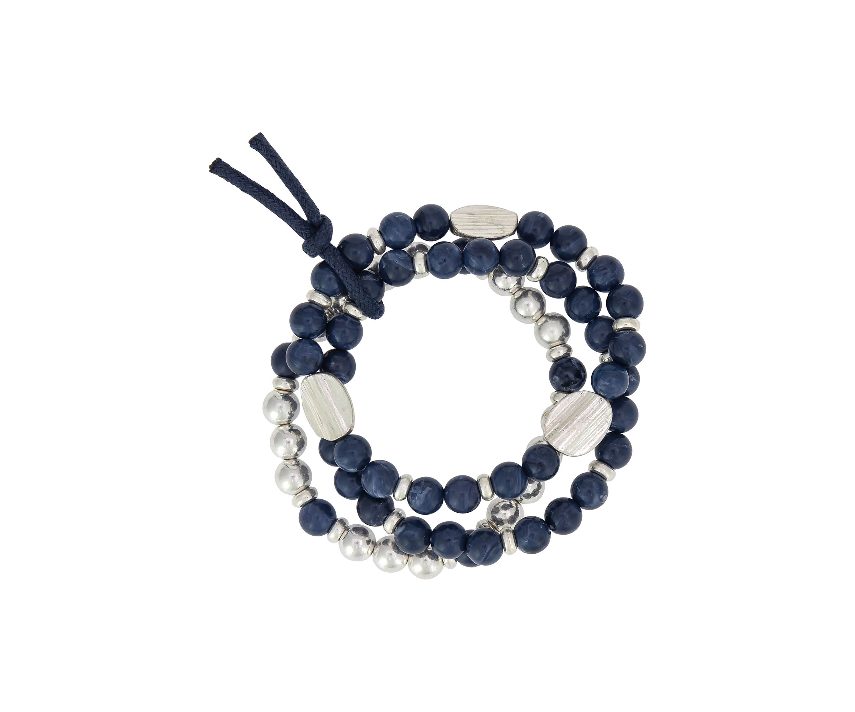 Silver Tone 3 Row Blue Beaded Stretch Bracelet
