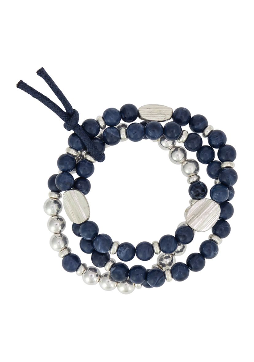 Silver Tone 3 Row Blue Beaded Stretch Bracelet