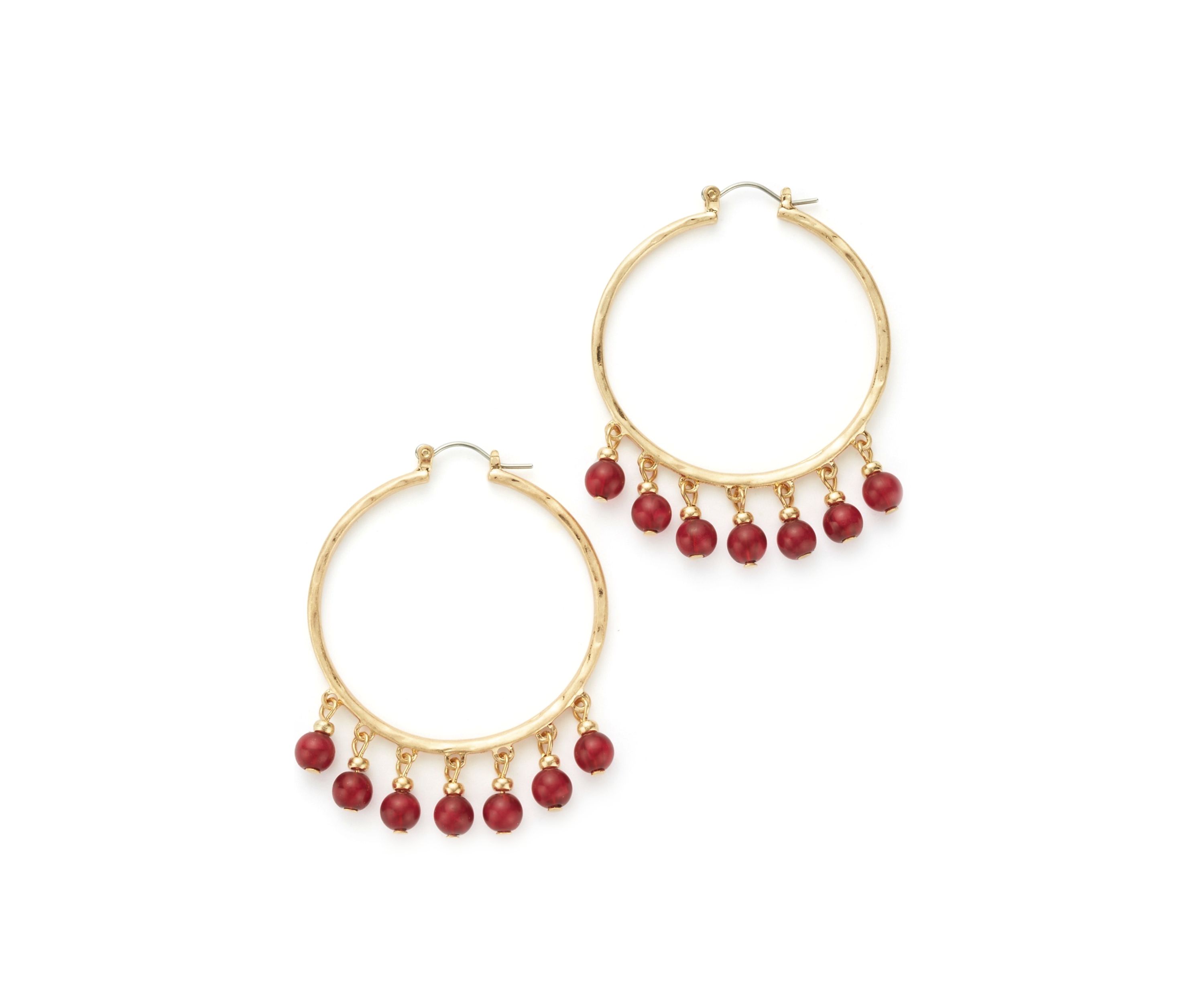 Womens Gold Tone Berry Bead Fringe Hoop Earrings