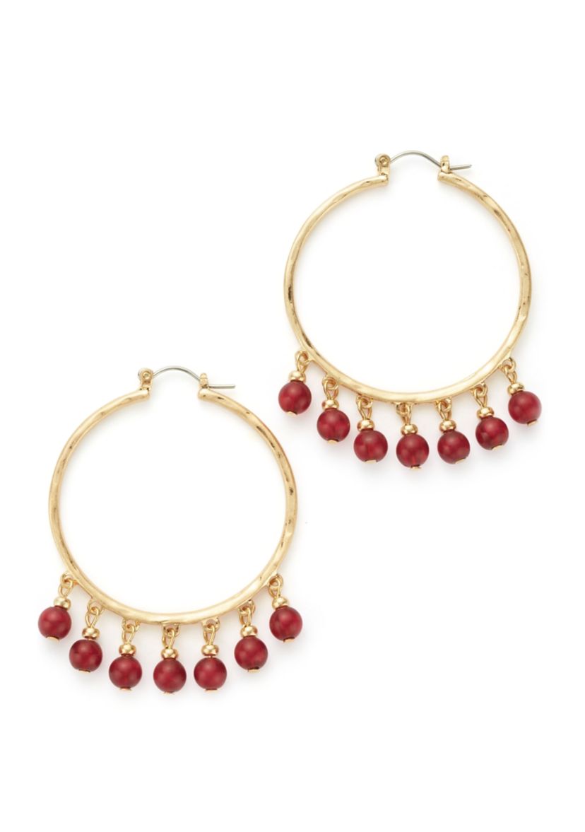 Womens Gold Tone Berry Bead Fringe Hoop Earrings