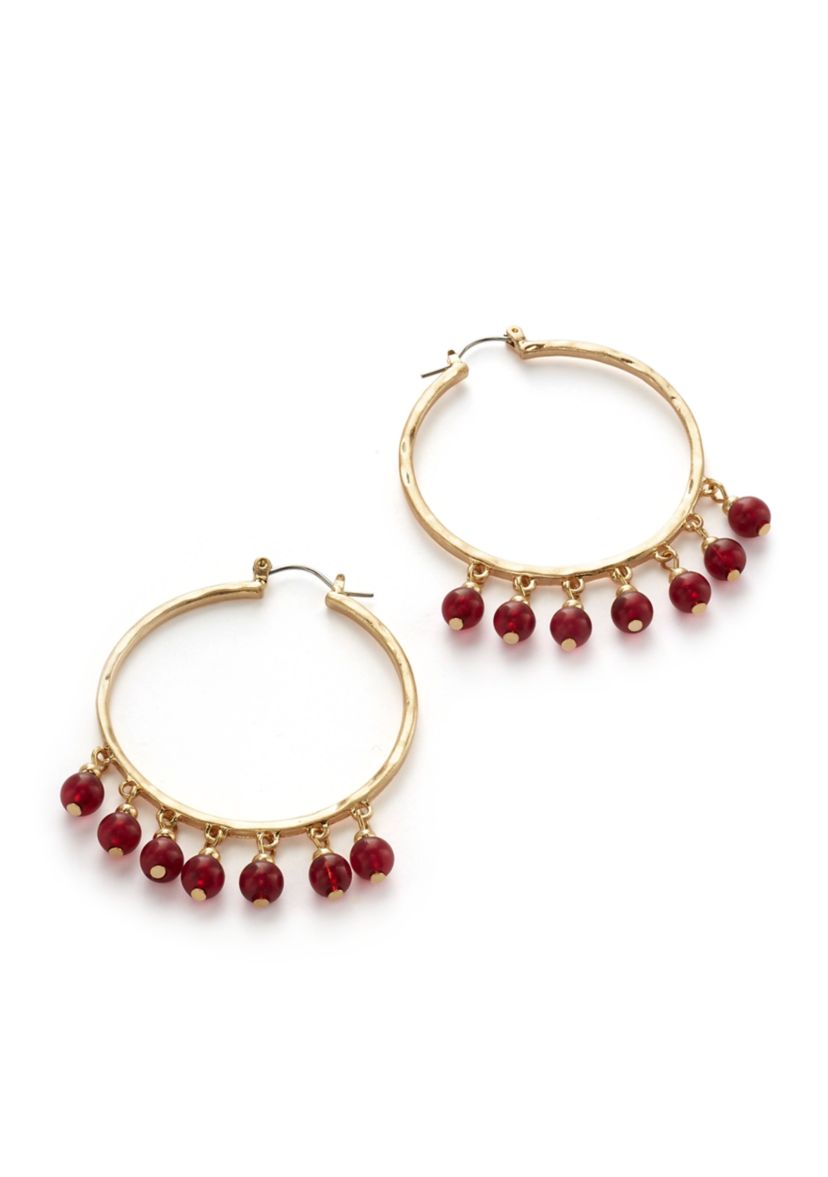 Womens Gold Tone Berry Bead Fringe Hoop Earrings