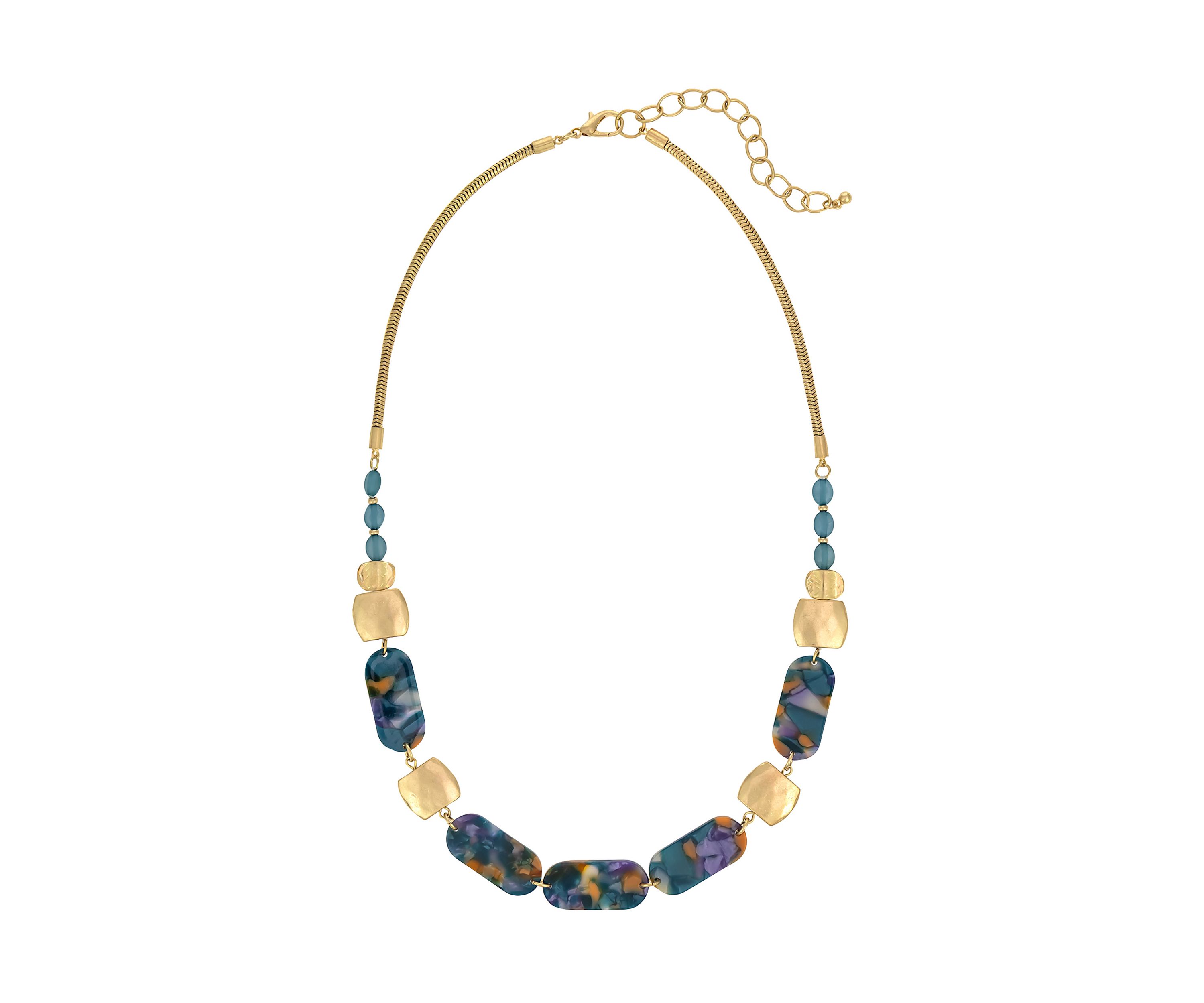 Gold Tone Teal Multi Rectangular Lucite and Metal Disc Frontal Necklace