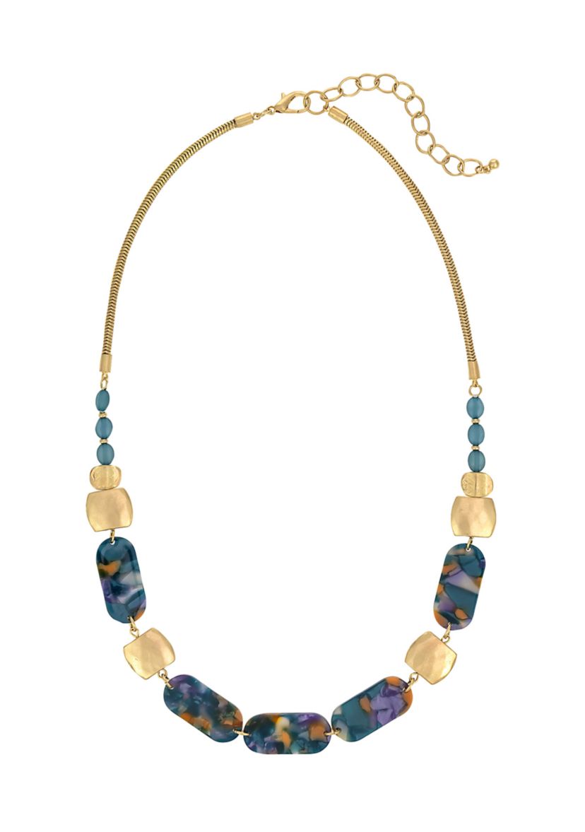 Gold Tone Teal Multi Rectangular Lucite and Metal Disc Frontal Necklace