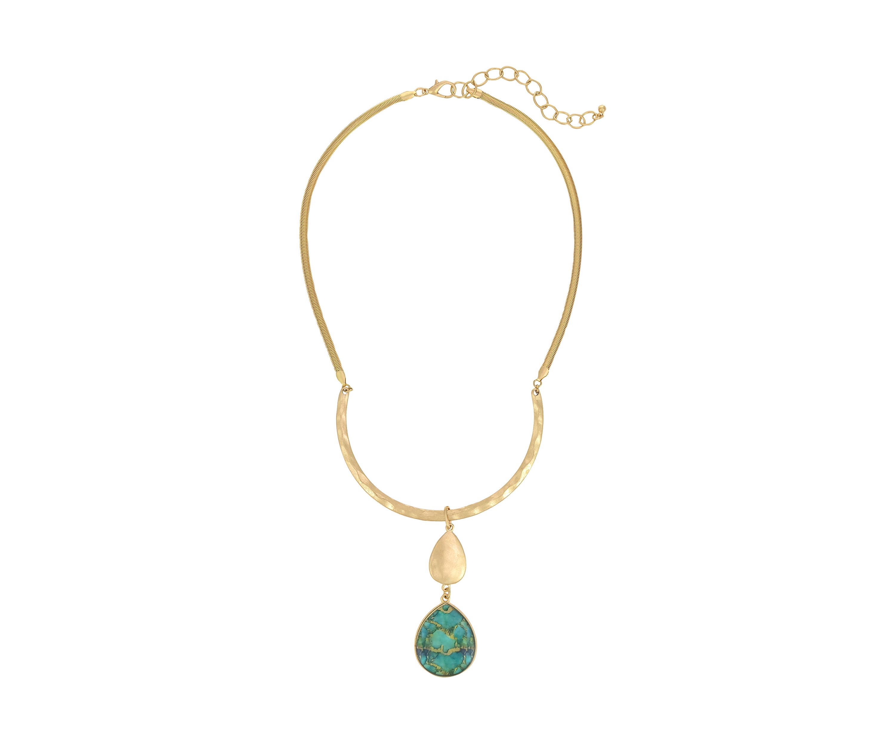 Gold Tone Frontal Bar with Gold and Teal Multi Double Teardrop Pendant Necklace